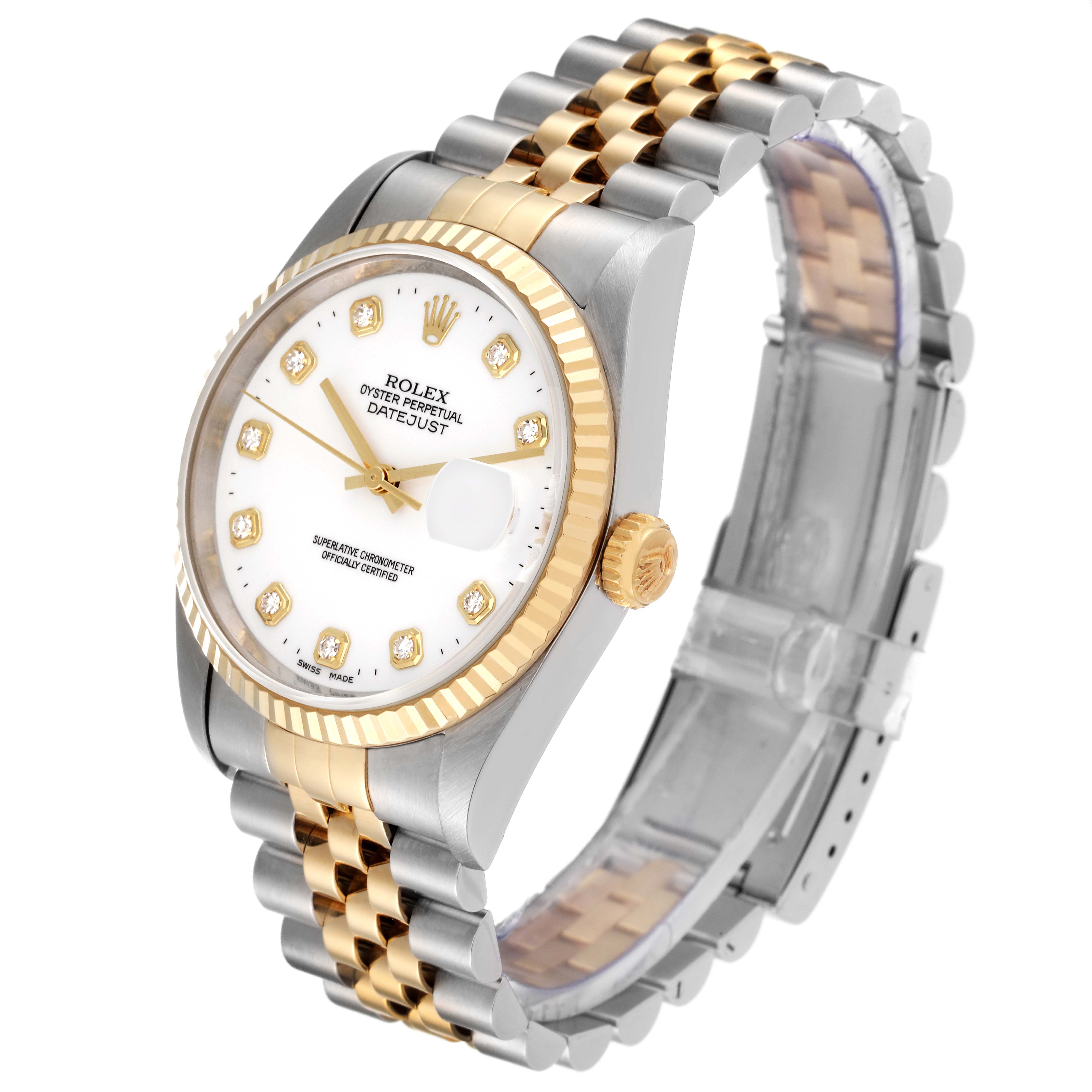 The image displays a Rolex Datejust 16233 Men's Steel and Gold (two tone) White Dial 16233 Men's Steel and Gold (two tone) White Dial watch at a three-quarter angle, showcasing the face, bezel, crown, and band.