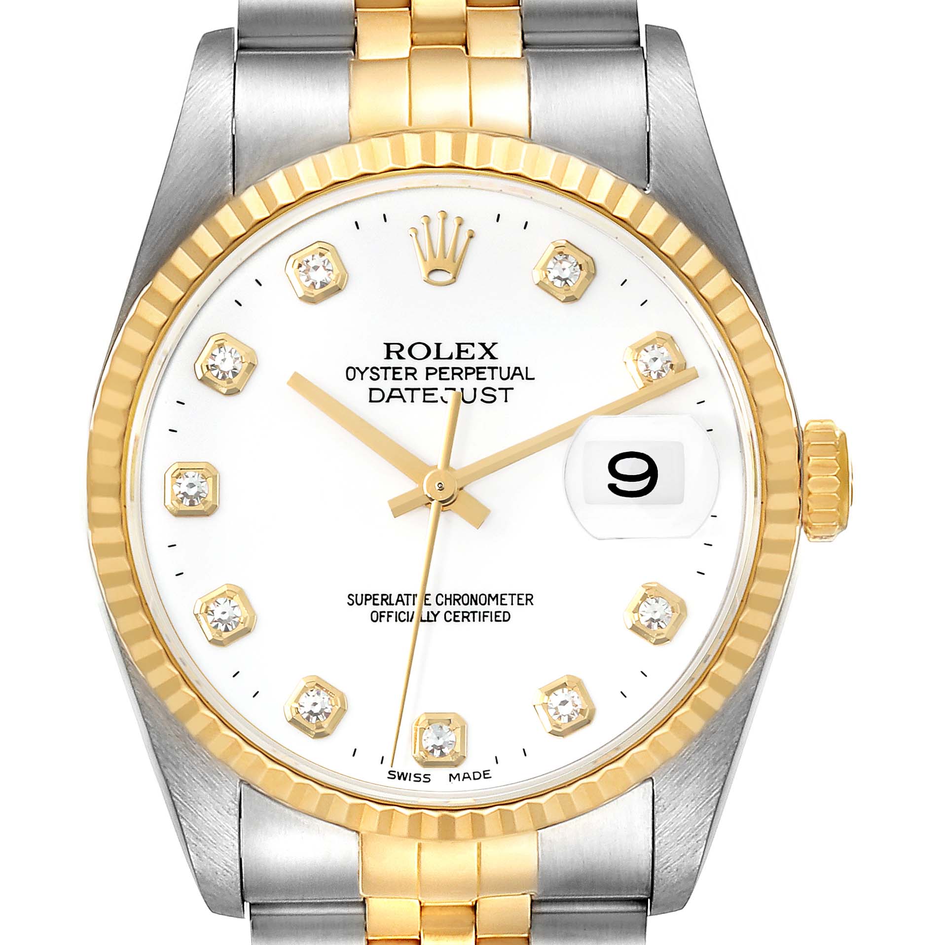 The image shows the face of a Rolex Datejust 16233 Men's Steel and Gold (two tone) White Dial 16233 Men's Steel and Gold (two tone) White Dial watch, highlighting the dial, hands, date window, and part of the bracelet.