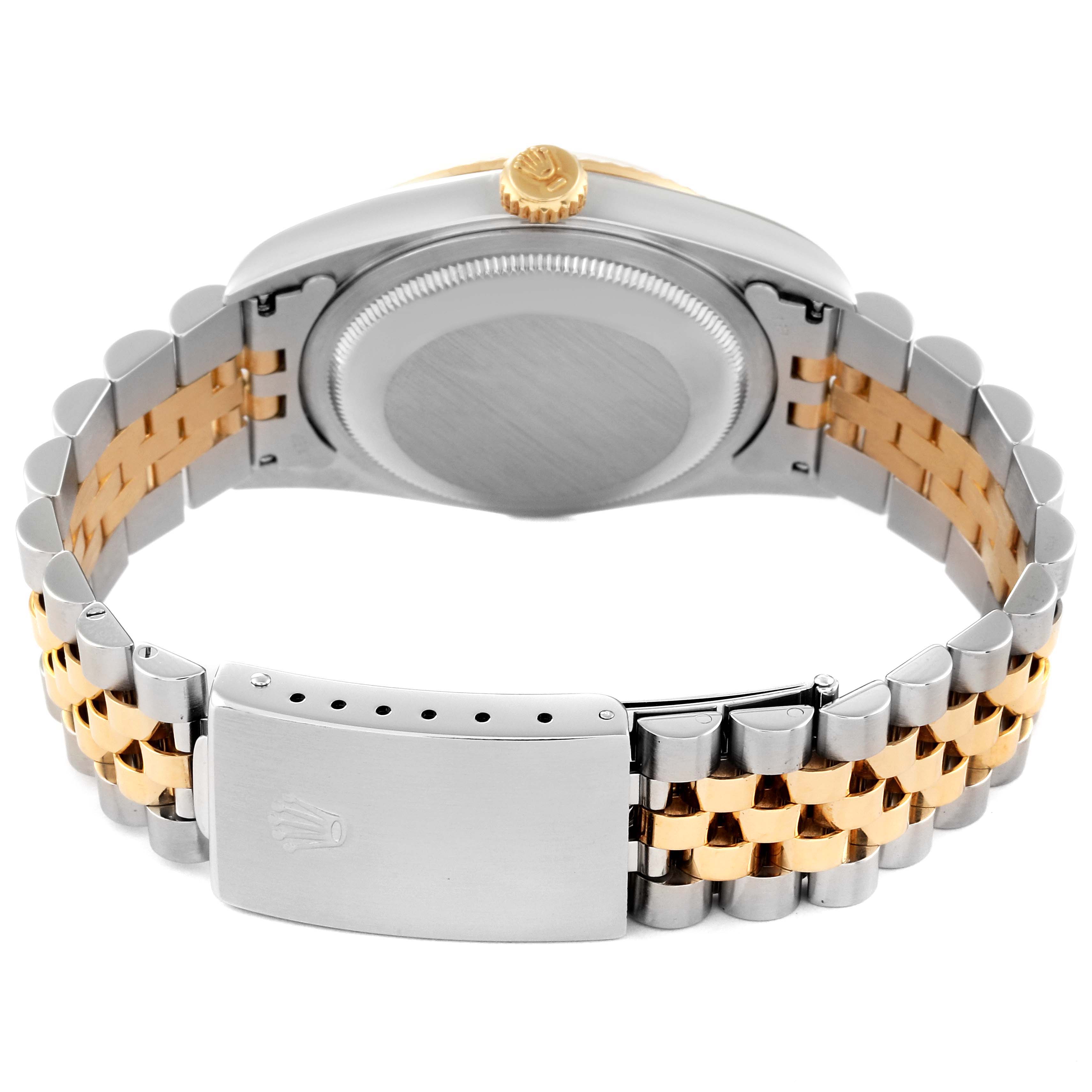 This image shows the clasp, case back, and two-tone bracelet of a Rolex Datejust 16233 Men's Steel and Gold (two tone) White Dial 16233 Men's Steel and Gold (two tone) White Dial watch from a rear angle.