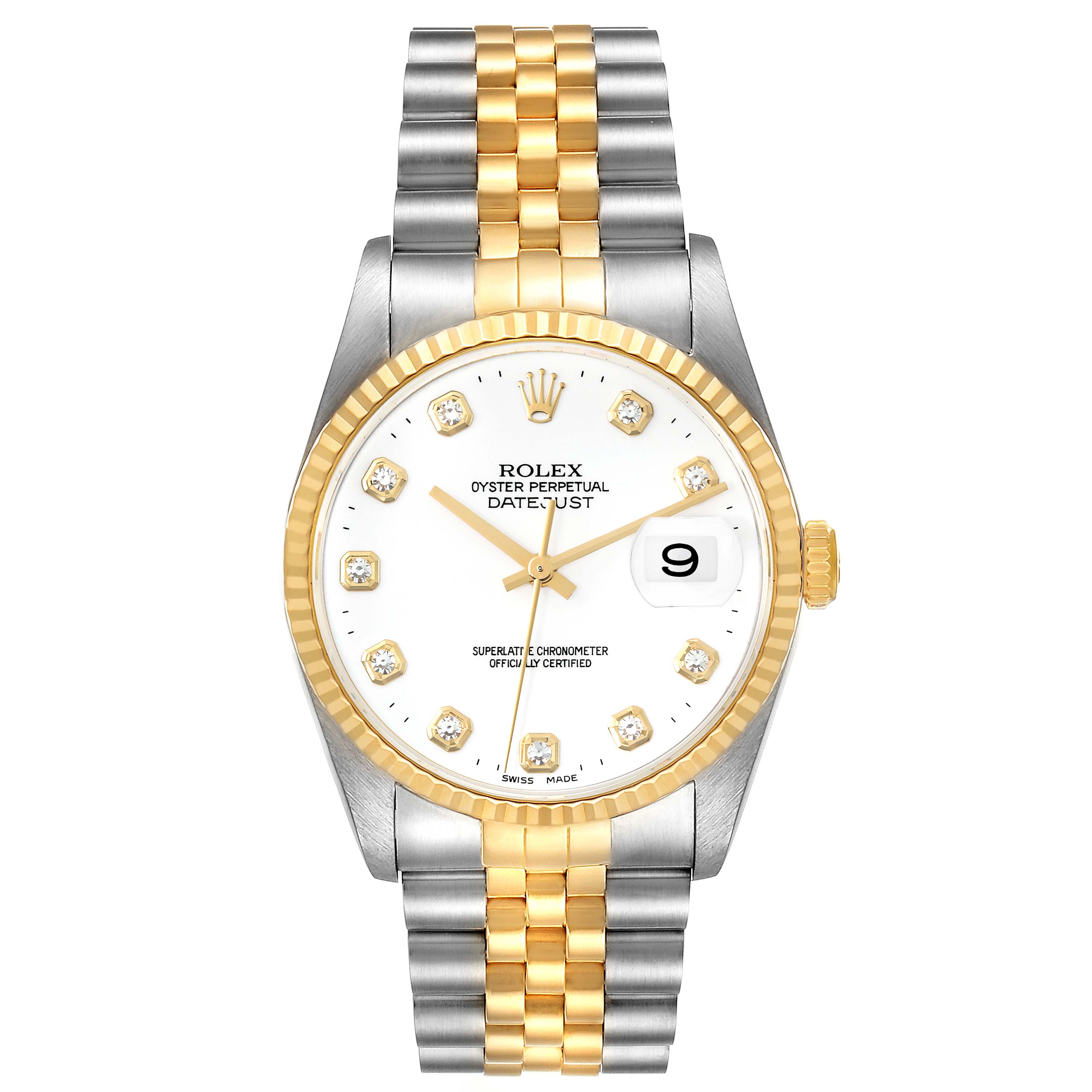 This image shows a full frontal view of a Rolex Datejust 16233 Men's Steel and Gold (two tone) White Dial 16233 Men's Steel and Gold (two tone) White Dial watch, highlighting the face, bezel, and two-tone strap.