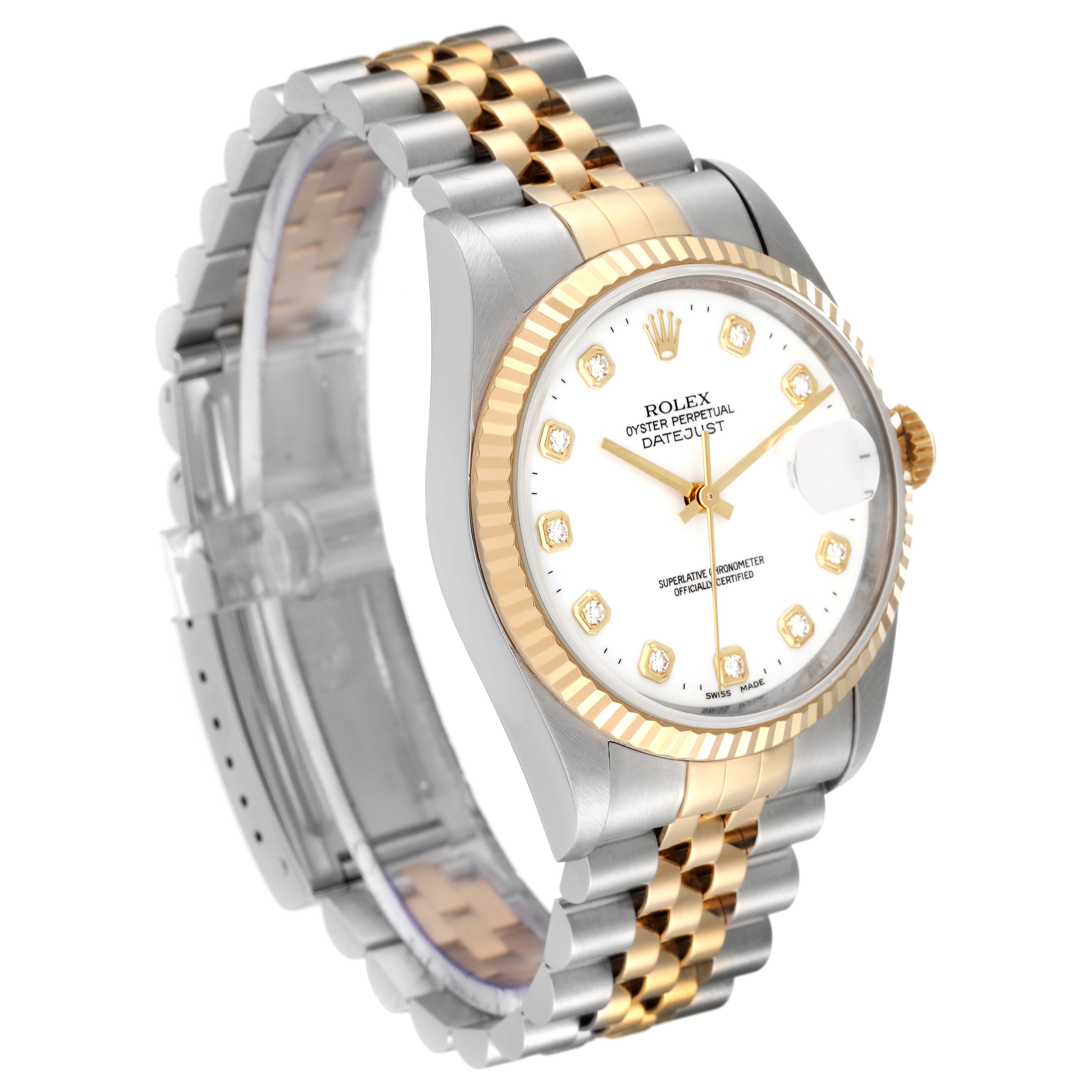 This image shows a Rolex Datejust 16233 Men's Steel and Gold (two tone) White Dial 16233 Men's Steel and Gold (two tone) White Dial watch from a front-side angle, highlighting its two-tone bracelet and gold fluted bezel.