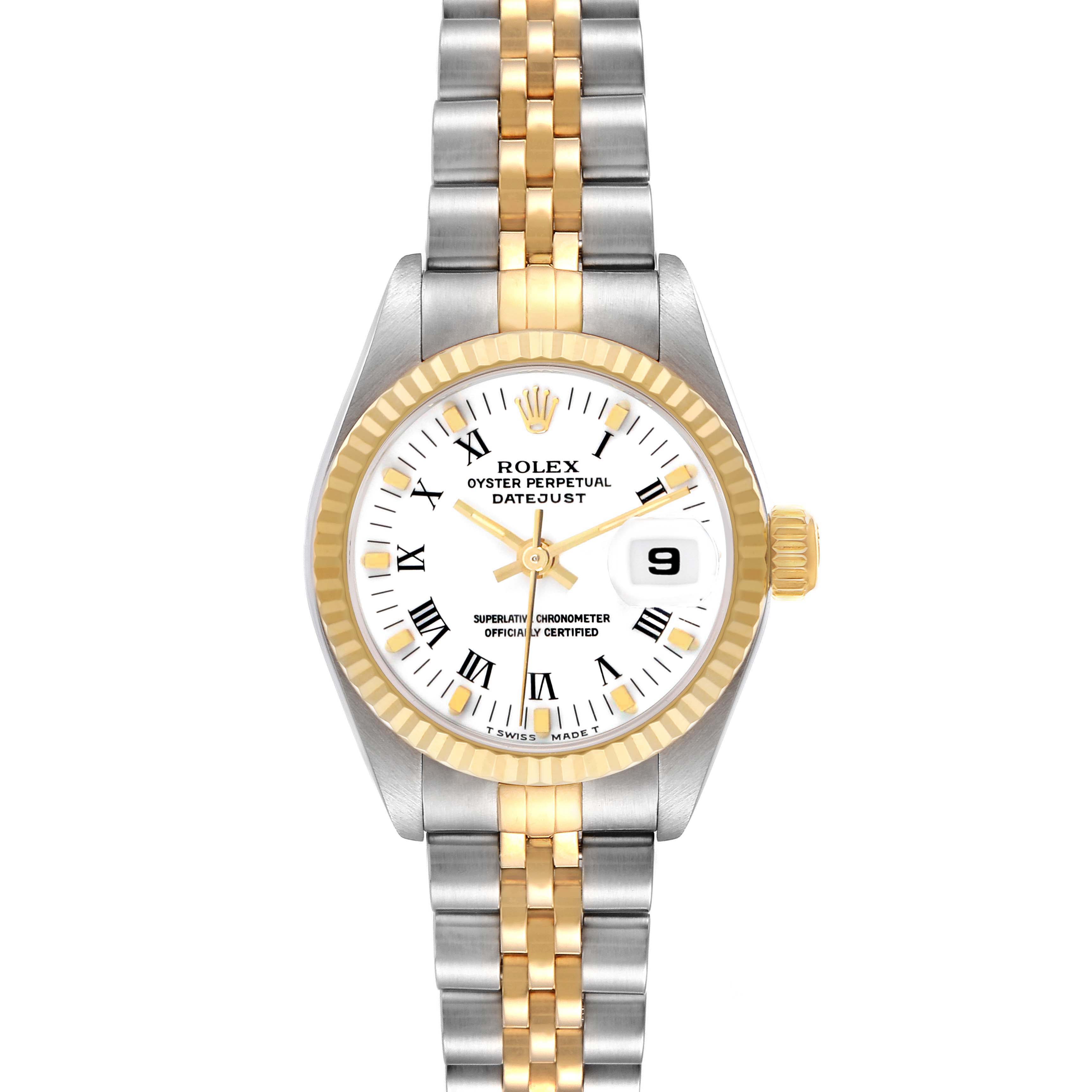 The Rolex Datejust 69173 Women's Steel and Gold (two tone) White Dial watch is shown from a top view highlighting the dial, bracelet, bezel, crown, and date feature.