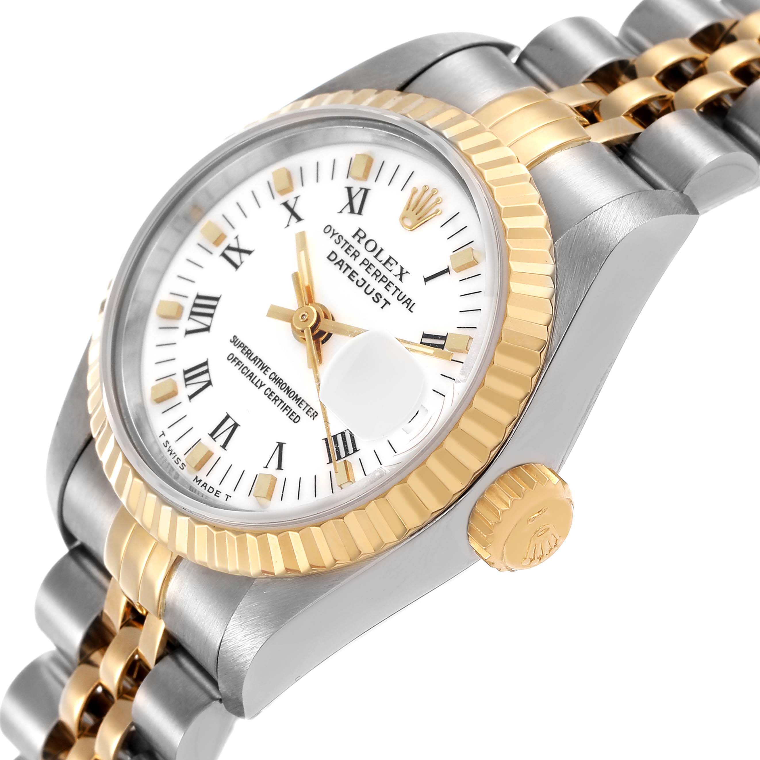 The Rolex Datejust 69173 Women's Steel and Gold (two tone) White Dial watch is shown at an angle highlighting the dial, bezel, case, and part of the bracelet.
