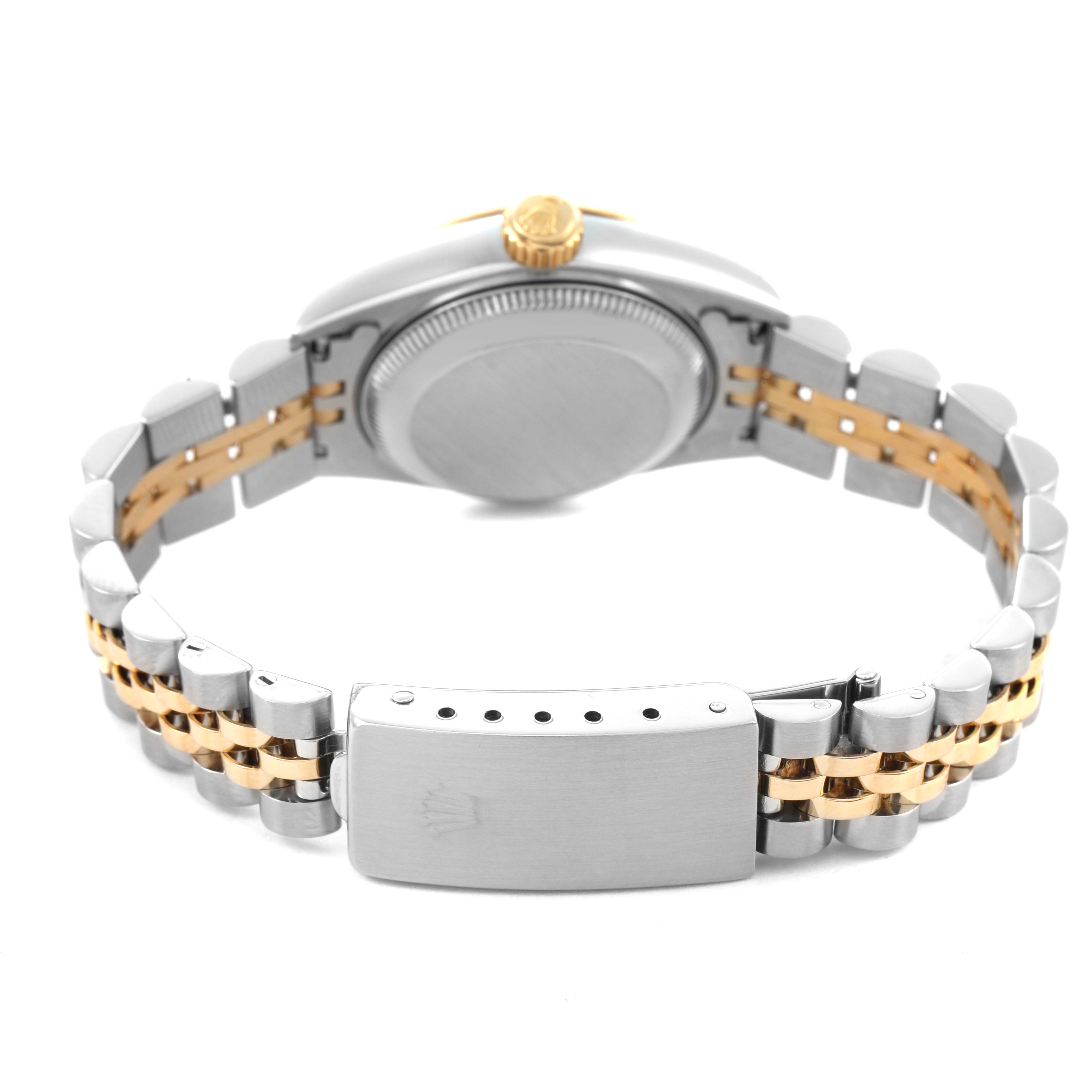 The image shows a Rolex Datejust 69173 Women's Steel and Gold (two tone) White Dial watch from the back, highlighting the bracelet, clasp, and case.