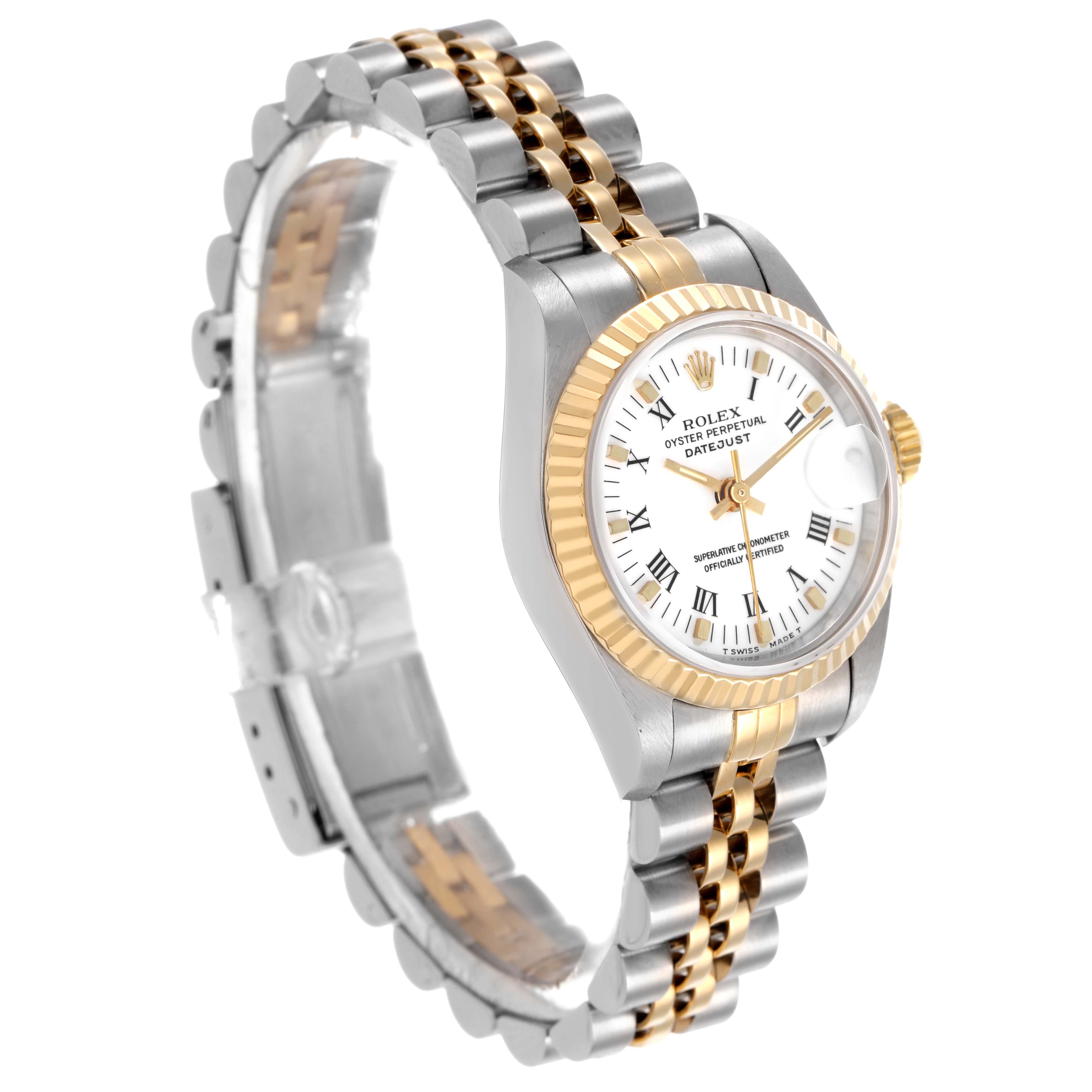 The Rolex Datejust 69173 Women's Steel and Gold (two tone) White Dial watch is shown at a three-quarter angle, highlighting its two-tone bracelet, fluted bezel, and white dial with Roman numerals.