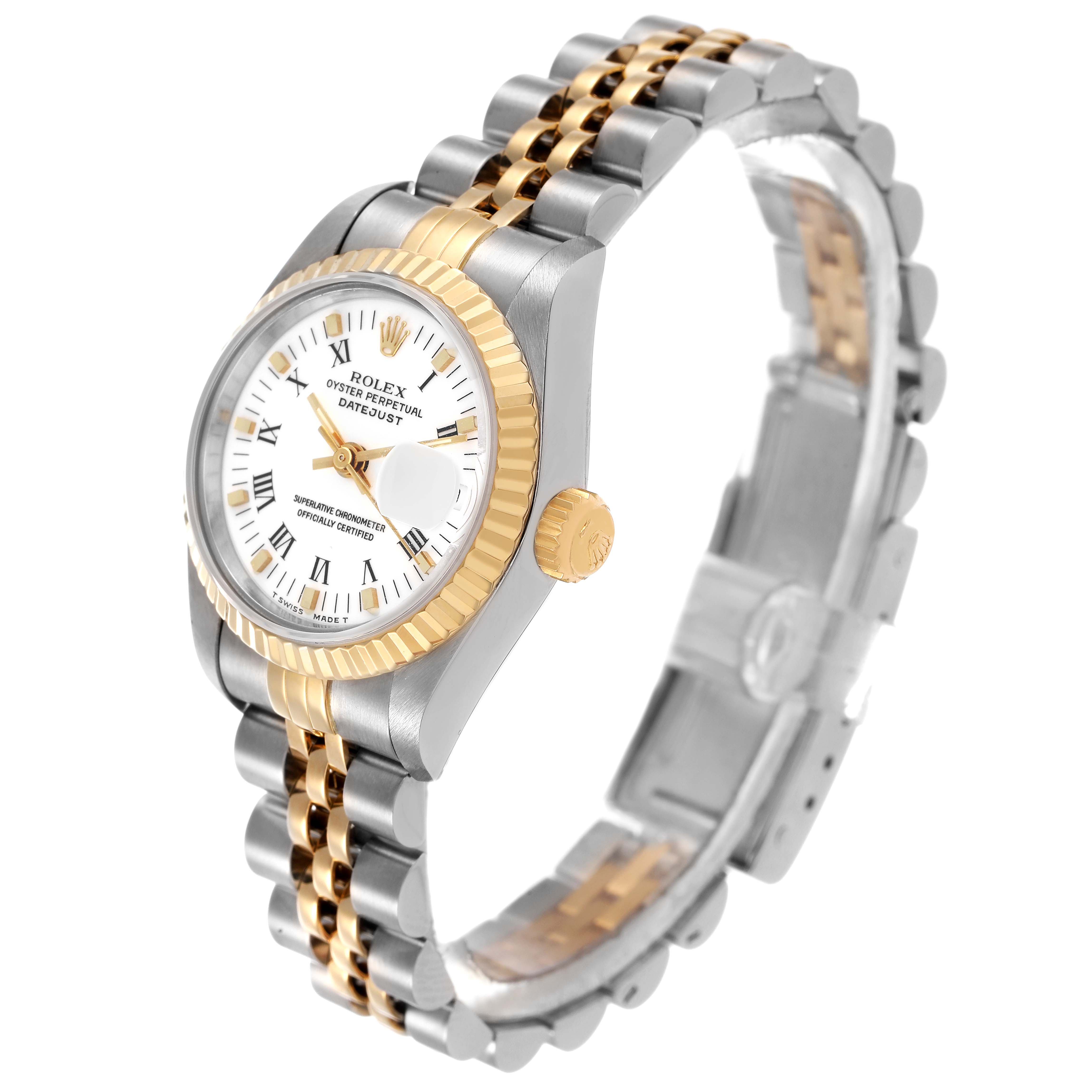The Rolex Datejust 69173 Women's Steel and Gold (two tone) White Dial watch is shown at an angled side view, highlighting the dial, bezel, crown, and two-tone bracelet.