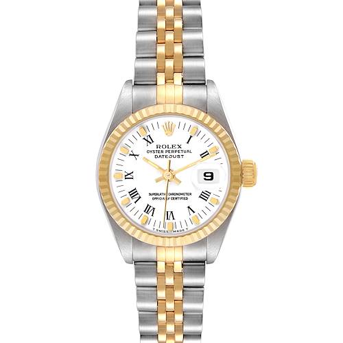 The Rolex Datejust 69173 Women's Steel and Gold (two tone) White Dial watch is shown from the front, displaying the dial, bezel, crown, and Jubilee bracelet.