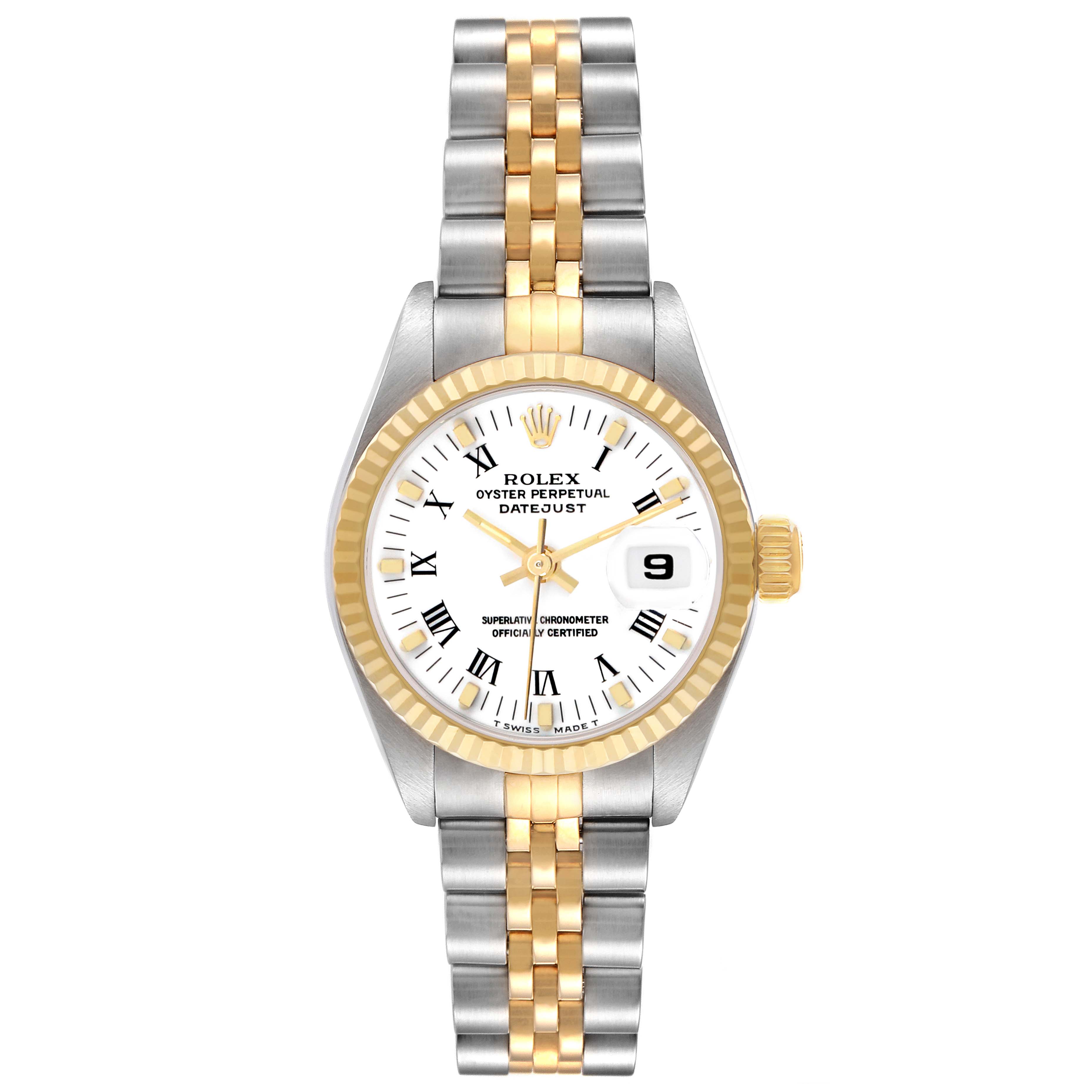 The Rolex Datejust 69173 Women's Steel and Gold (two tone) White Dial watch is shown from the front, displaying its face, dial, bezel, and two-tone bracelet.