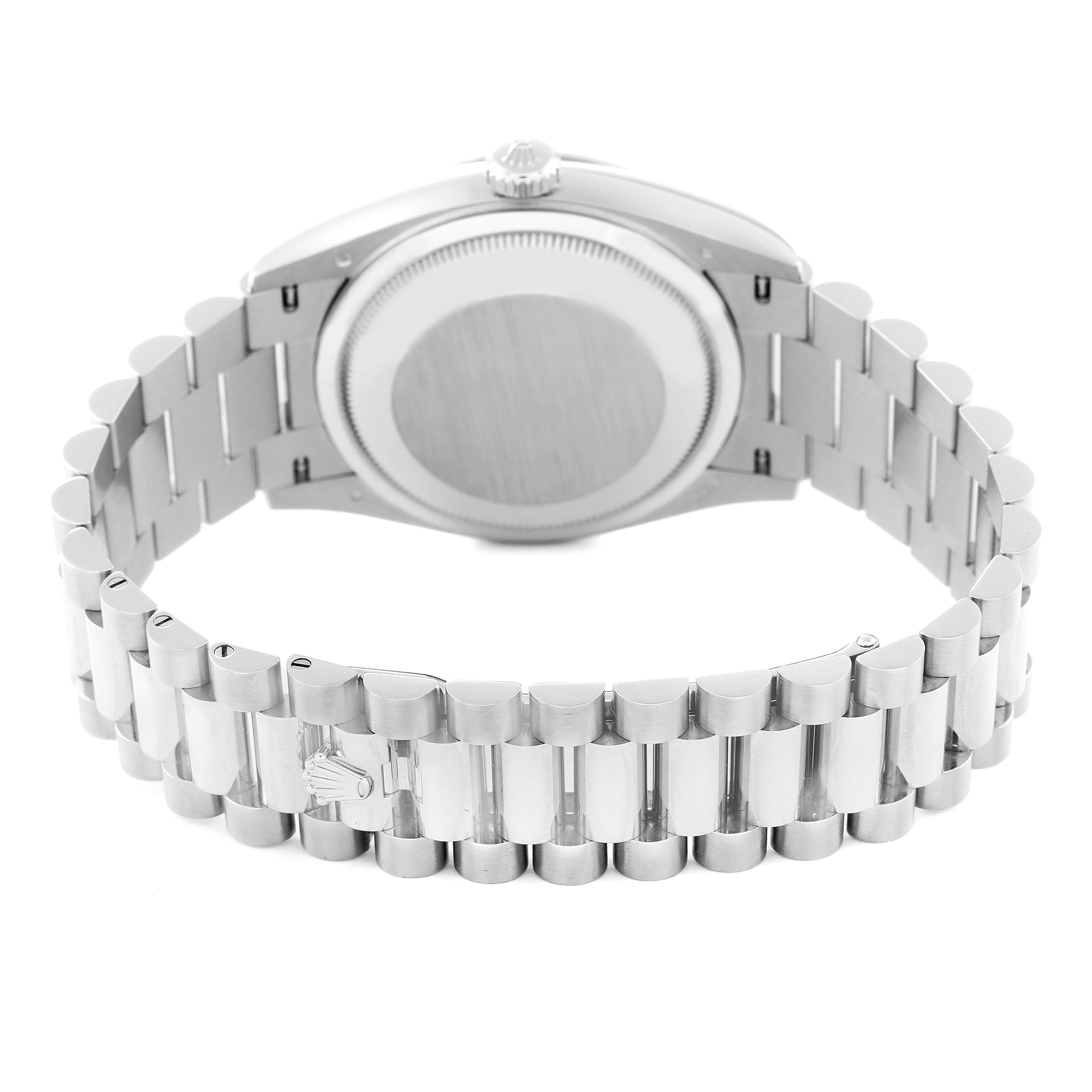 The image displays the back view of a Rolex President 128239 Men's White Gold Silver Dial 128239 Men's White Gold Silver Dial watch, showing its case back, crown, and bracelet.