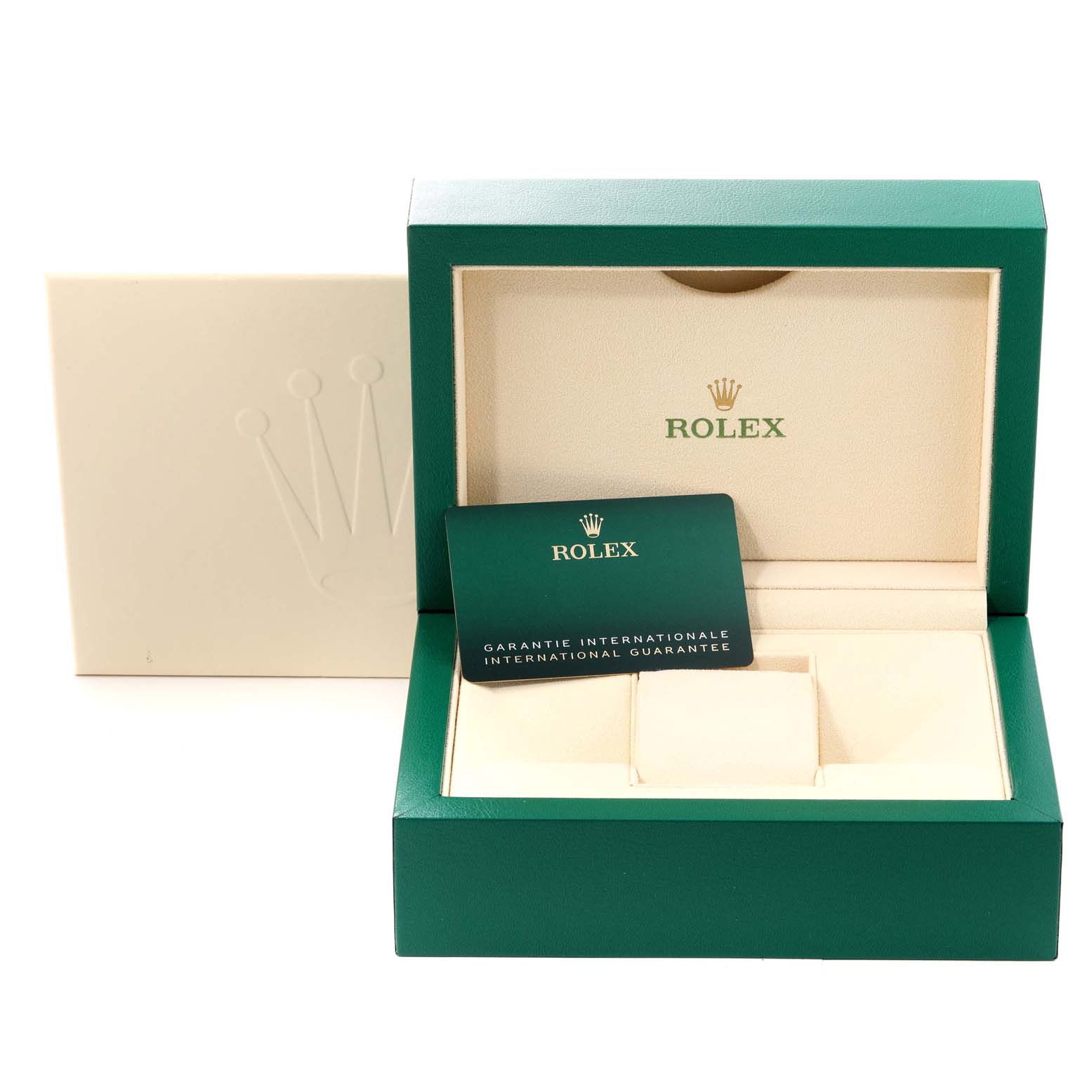 The image shows an open Rolex President 128239 Men's White Gold Silver Dial 128239 Men's White Gold Silver Dial watch box with an international guarantee card inside.