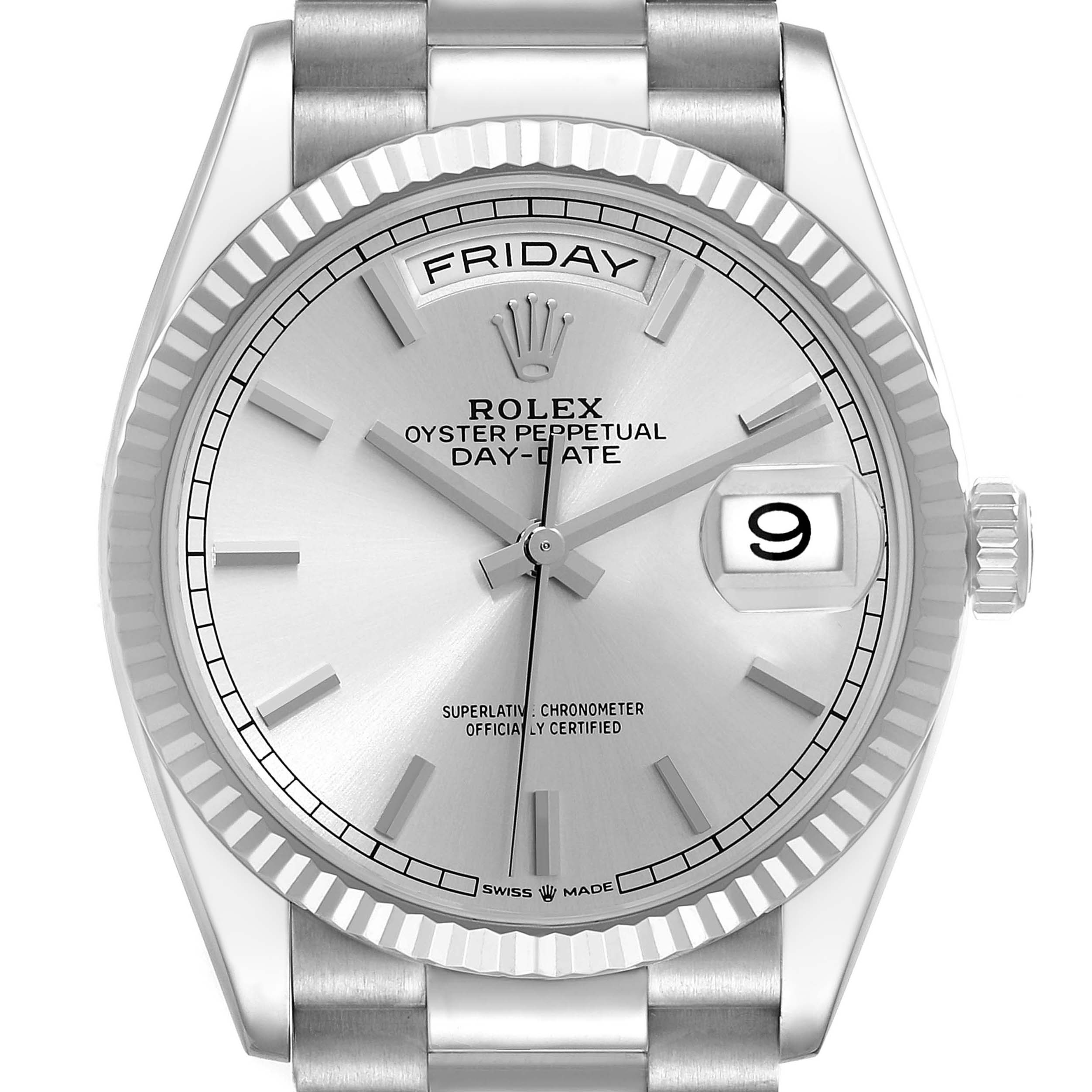 The Rolex President 128239 Men's White Gold Silver Dial 128239 Men's White Gold Silver Dial model is shown from the front, displaying its face, bezel, crown, and part of the bracelet.