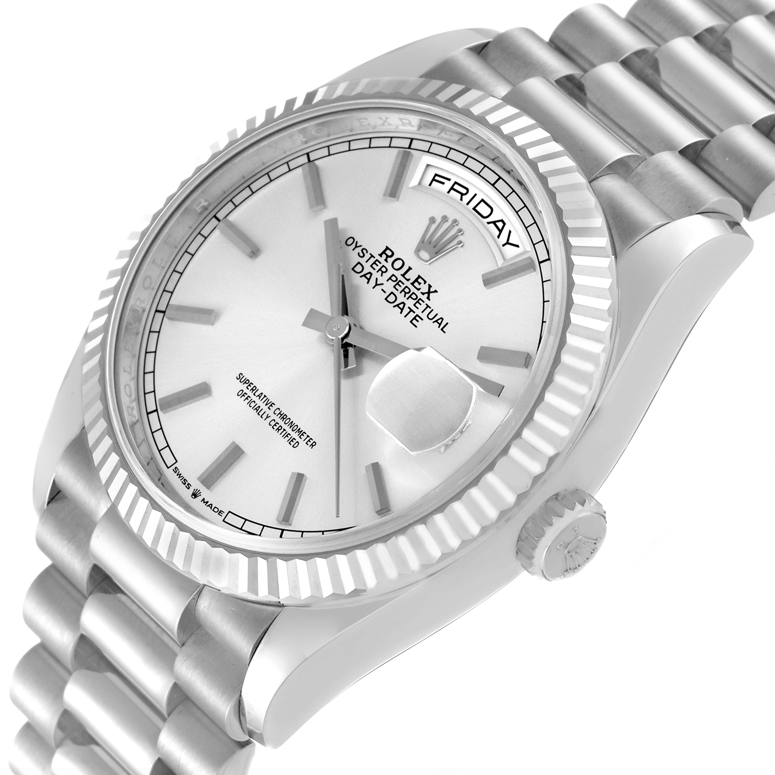 This image shows a Rolex President 128239 Men's White Gold Silver Dial 128239 Men's White Gold Silver Dial model watch from a slightly tilted front angle, highlighting its silver dial, fluted bezel, crown, and part of the bracelet.