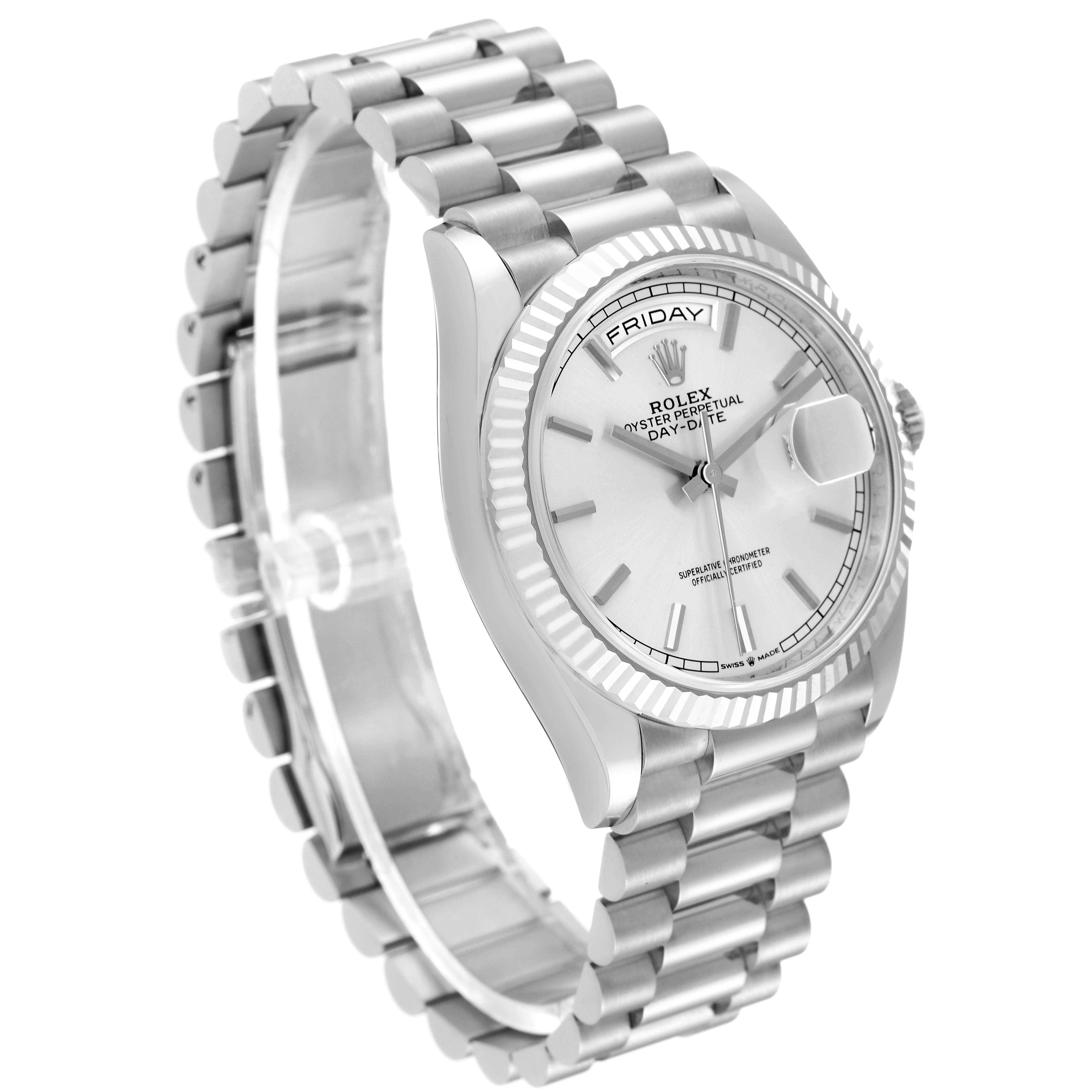The Rolex President 128239 Men's White Gold Silver Dial 128239 Men's White Gold Silver Dial model watch is shown at an angle displaying its face, bezel, and bracelet.