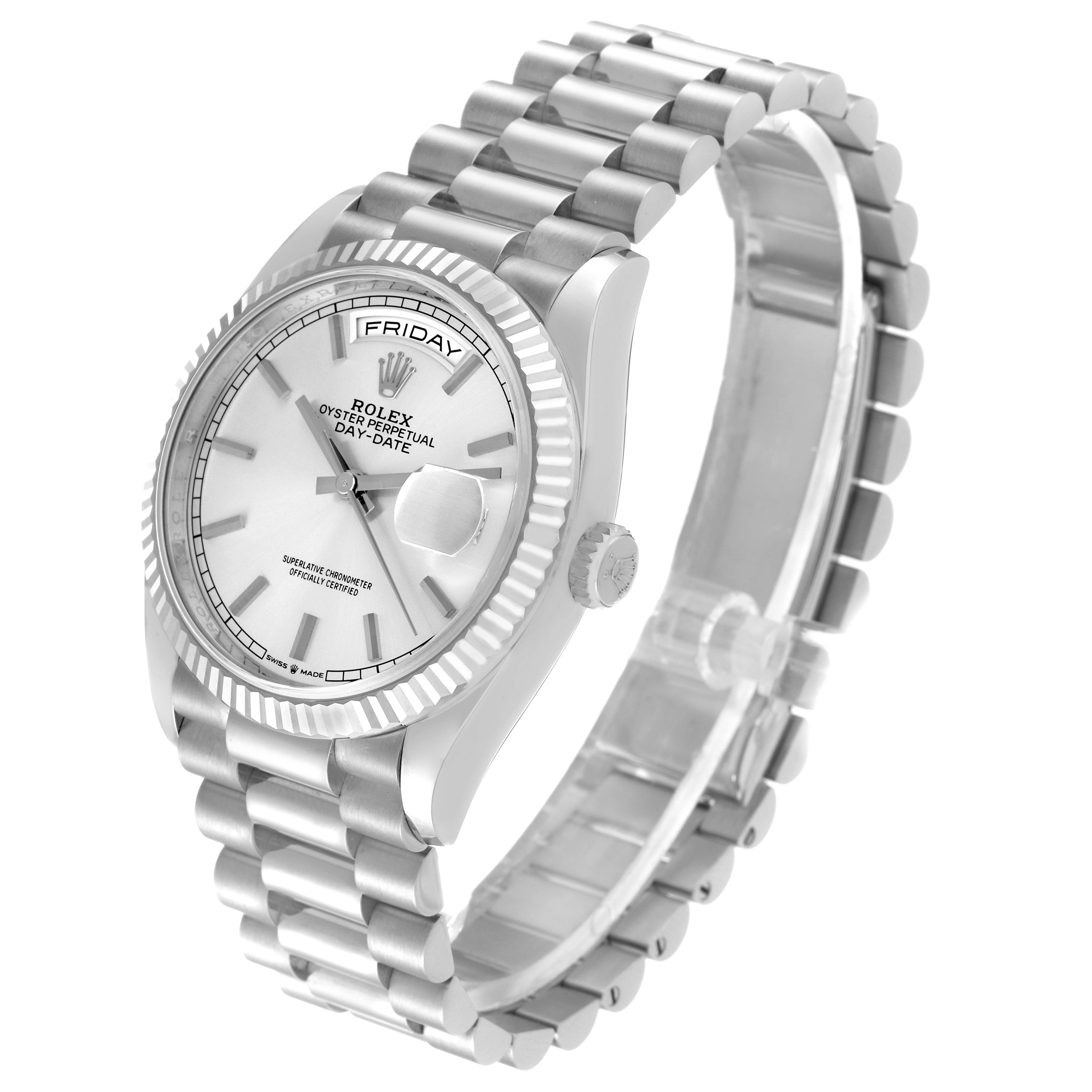 The image shows a Rolex President 128239 Men's White Gold Silver Dial 128239 Men's White Gold Silver Dial model watch from a three-quarter angle, highlighting the dial, bezel, crown, and bracelet.