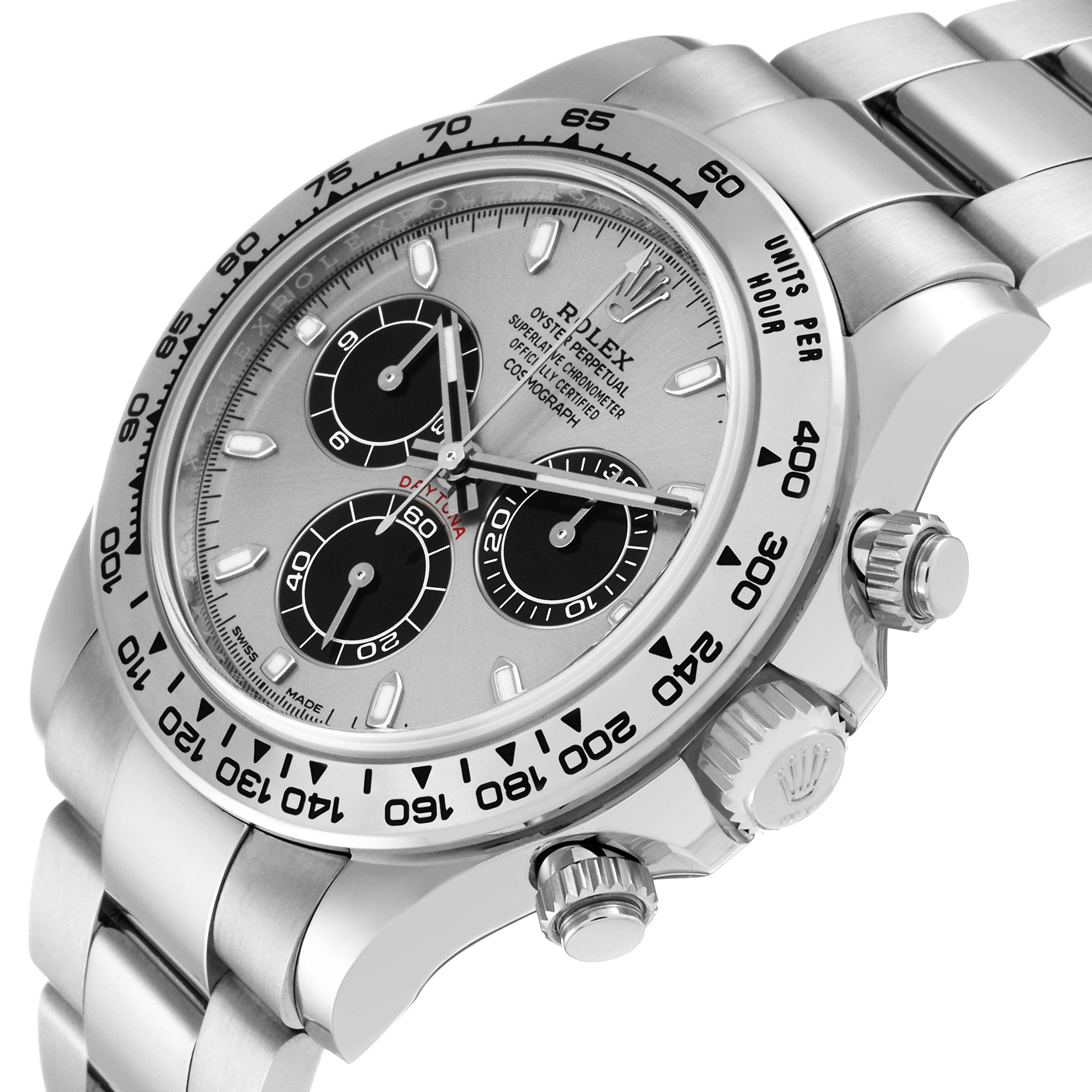 This image shows a top angled view of the Rolex Daytona 116509 Men's White Gold Silver Dial 116509 Men's White Gold Silver Dial watch, highlighting its face, bezel, and part of its bracelet.
