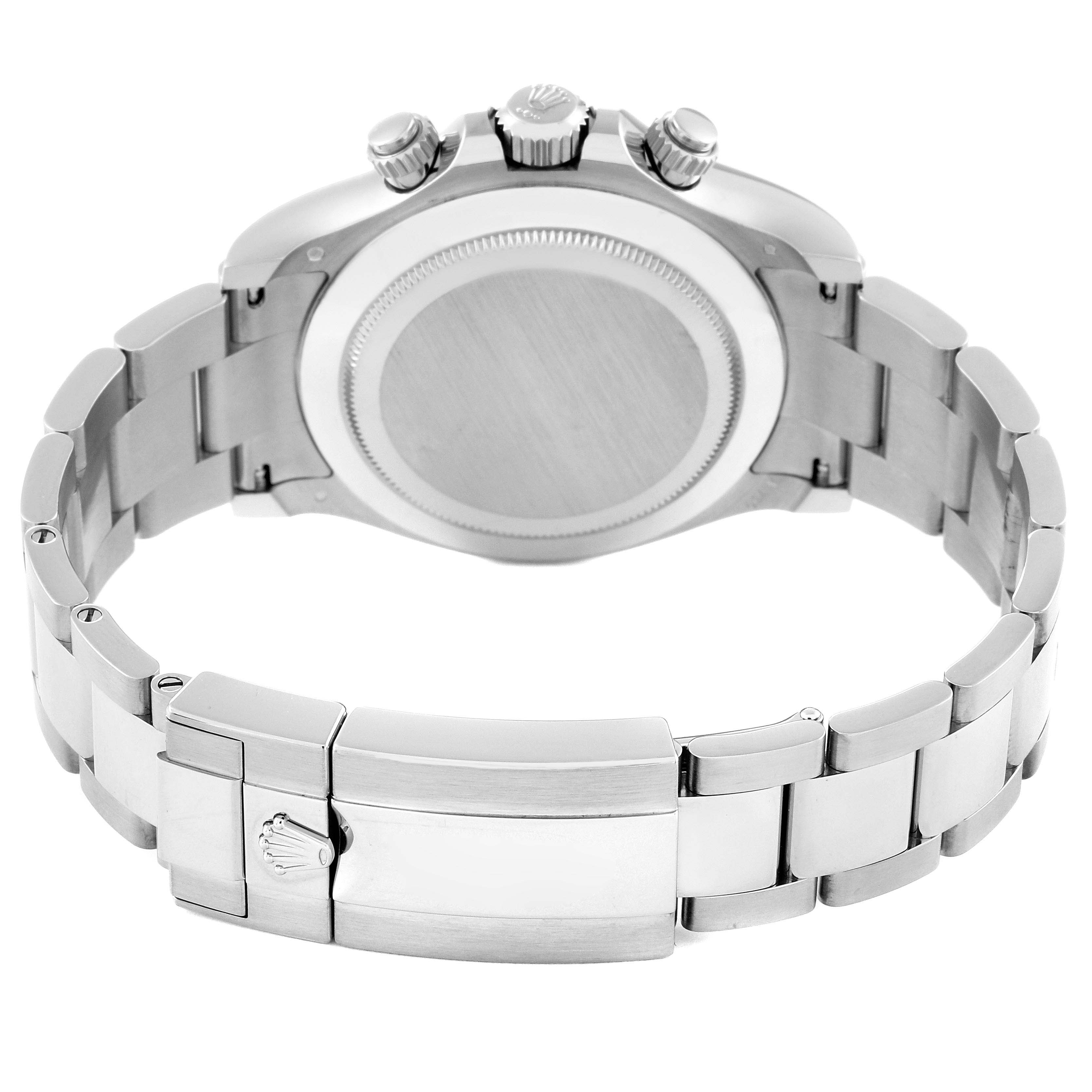 The image shows the back and bracelet of the Rolex Daytona 116509 Men's White Gold Silver Dial 116509 Men's White Gold Silver Dial watch from a straight rear angle.