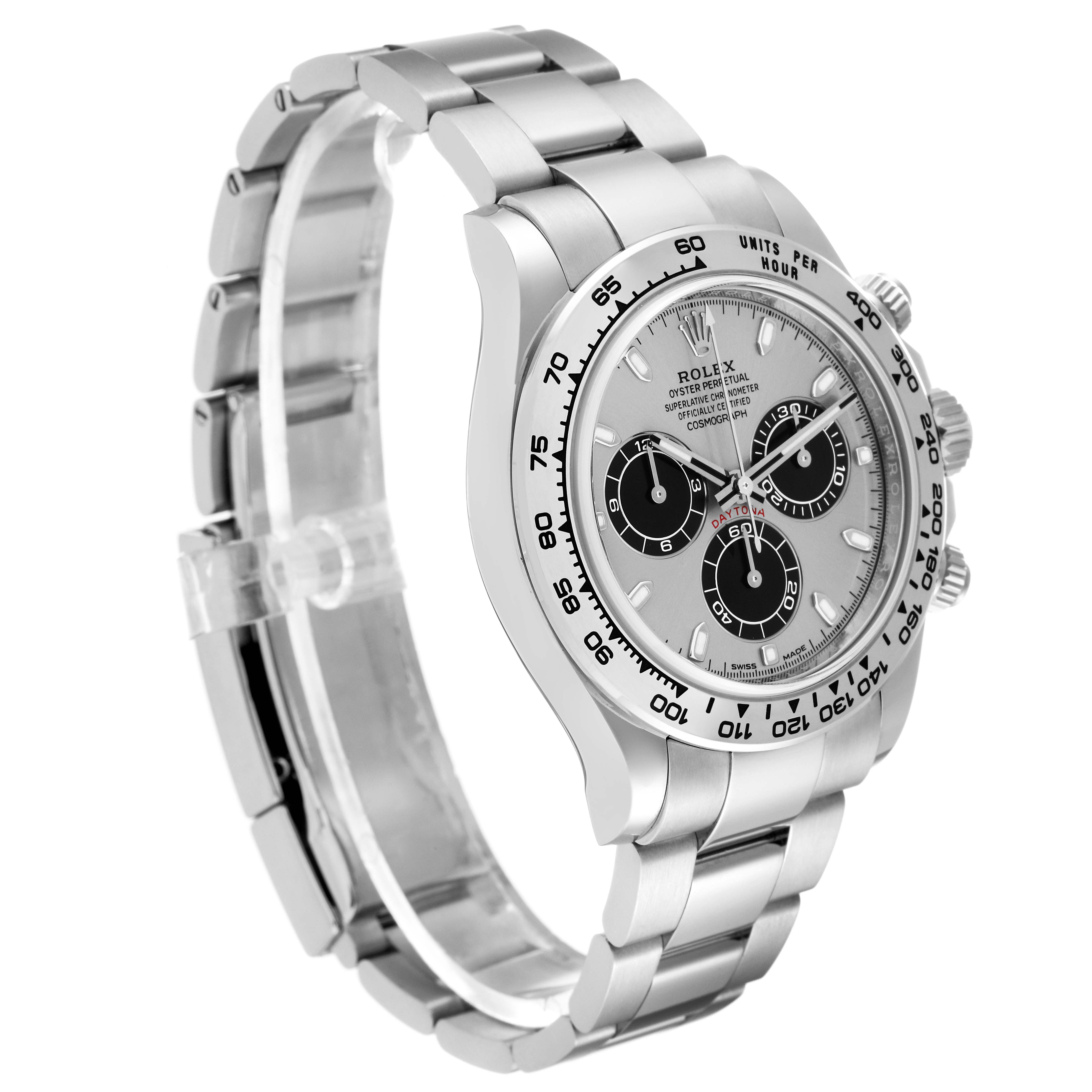 This image shows a side and front angle of the Rolex Daytona 116509 Men's White Gold Silver Dial 116509 Men's White Gold Silver Dial watch, highlighting its dial, bezel, and bracelet.