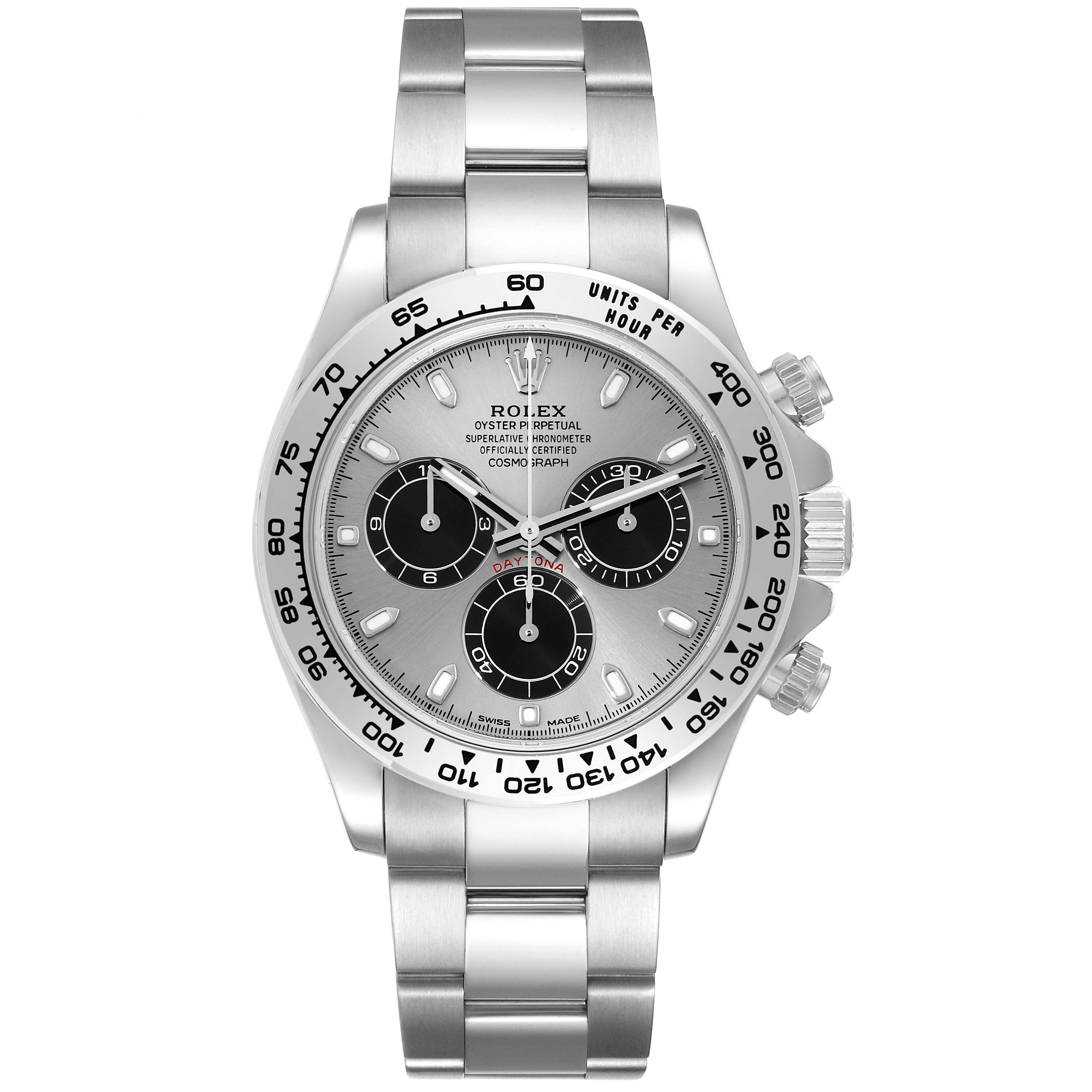 The image shows a front view of the Rolex Daytona 116509 Men's White Gold Silver Dial 116509 Men's White Gold Silver Dial watch, displaying the dial, bezel, and bracelet.