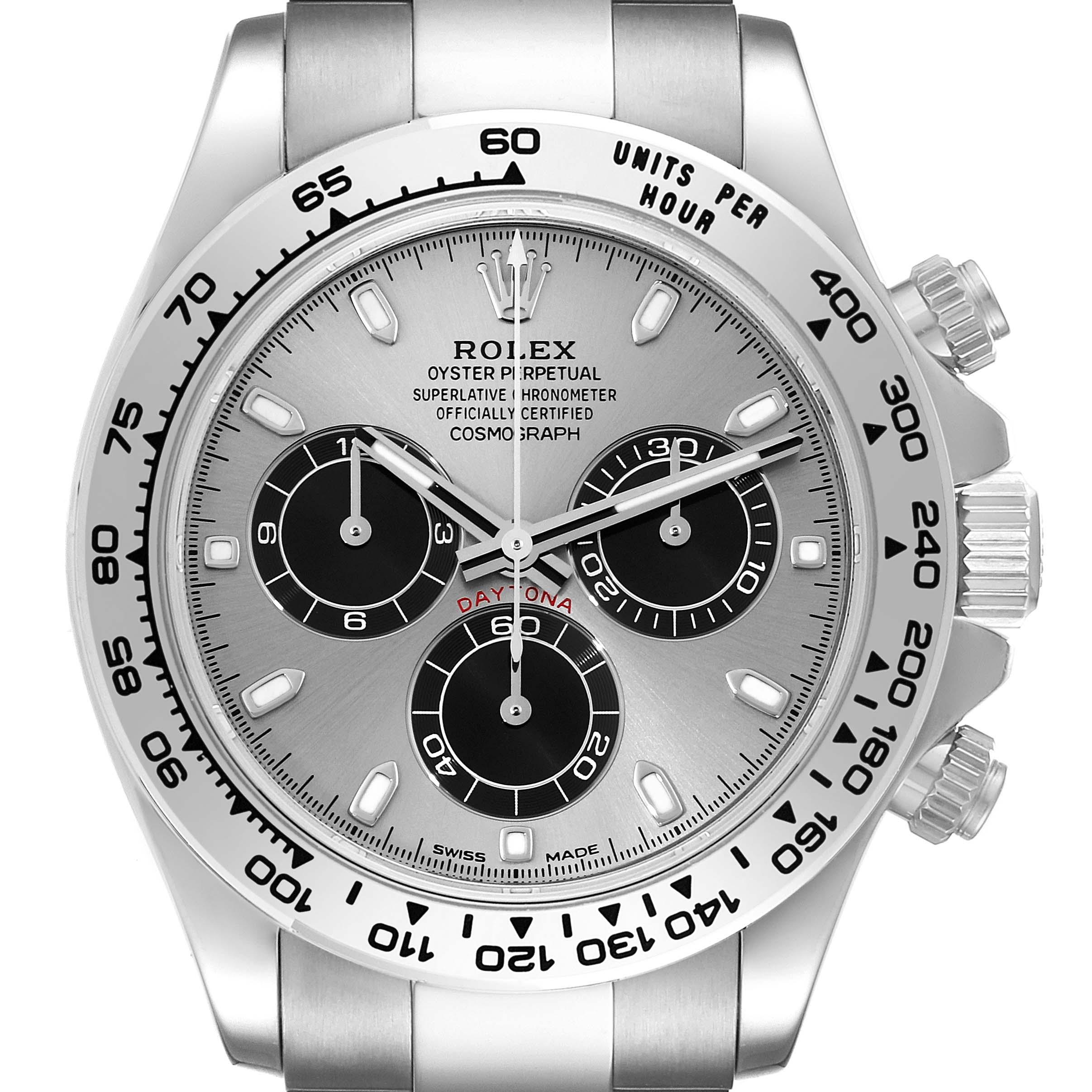 The image shows a frontal view of the Rolex Daytona 116509 Men's White Gold Silver Dial 116509 Men's White Gold Silver Dial watch, highlighting its dial, bezel, and chronograph subdials.