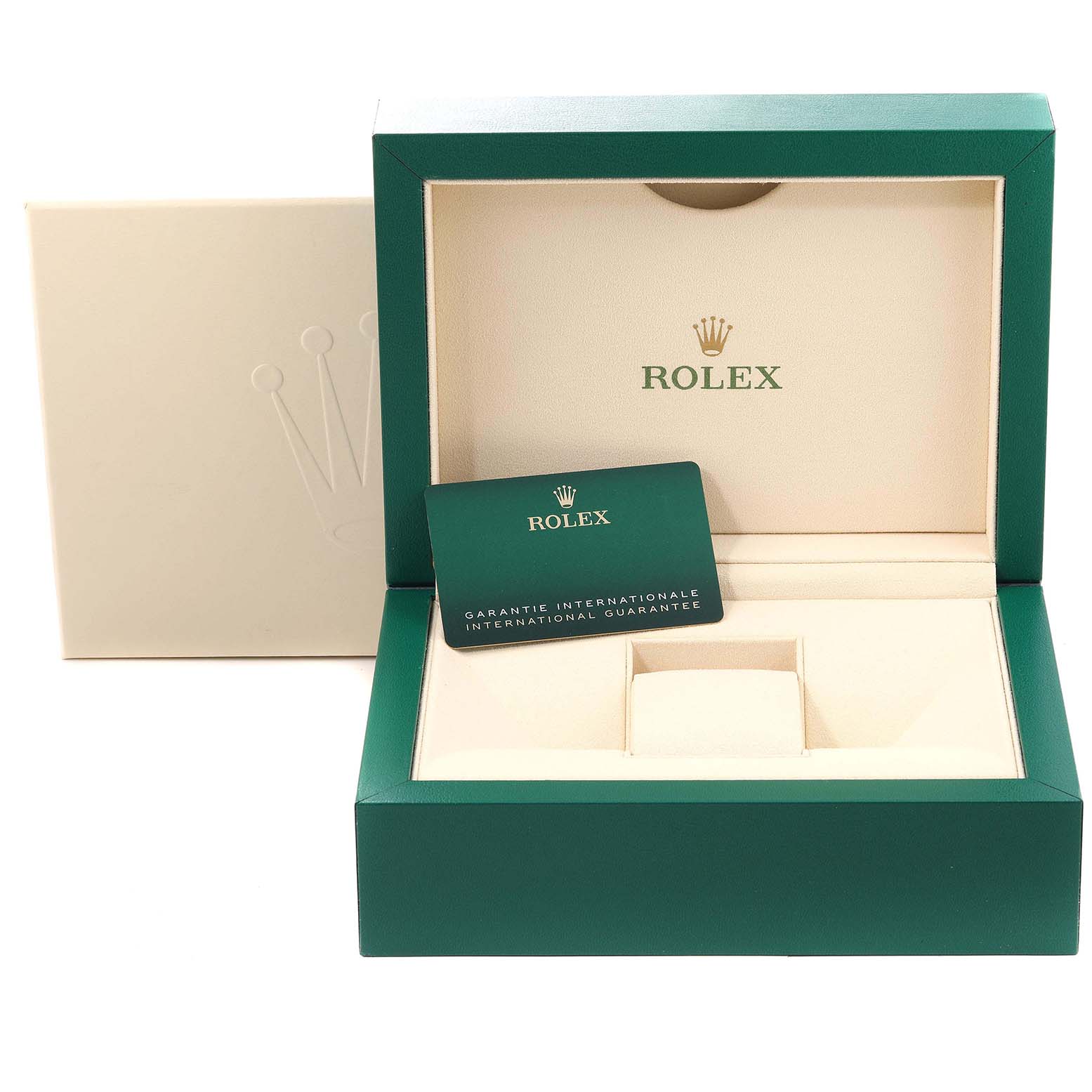 The image shows the open box and warranty card for a Rolex Daytona 116509 Men's White Gold Silver Dial 116509 Men's White Gold Silver Dial watch.