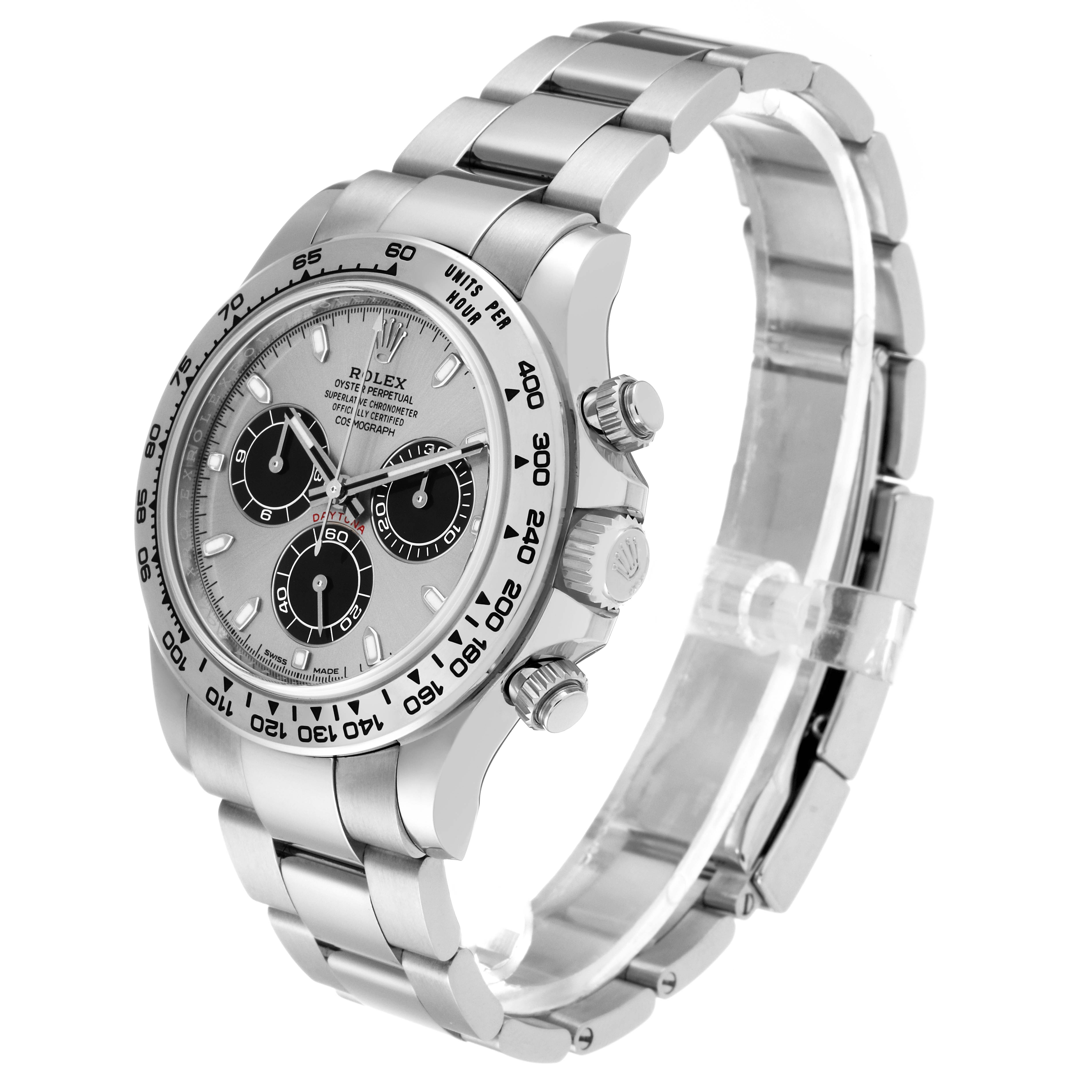 The Rolex Daytona 116509 Men's White Gold Silver Dial 116509 Men's White Gold Silver Dial watch is shown at a three-quarter angle, highlighting the face, side buttons, and part of the bracelet.