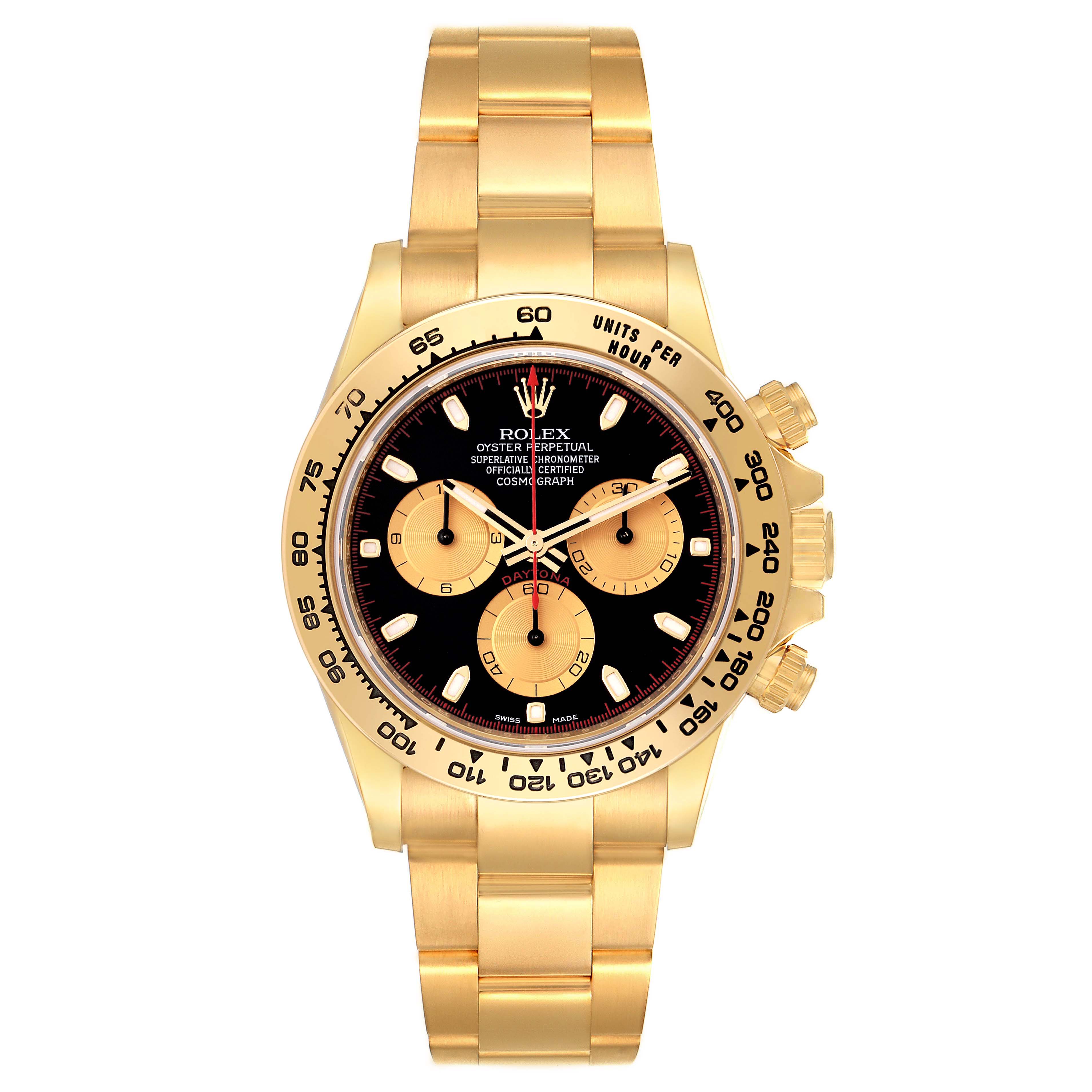 The image shows a front view of a Rolex Daytona 116508 Men's Yellow Gold Black Dial 116508 Men's Yellow Gold Black Dial watch featuring a black dial, gold case, and bracelet with three subdials.