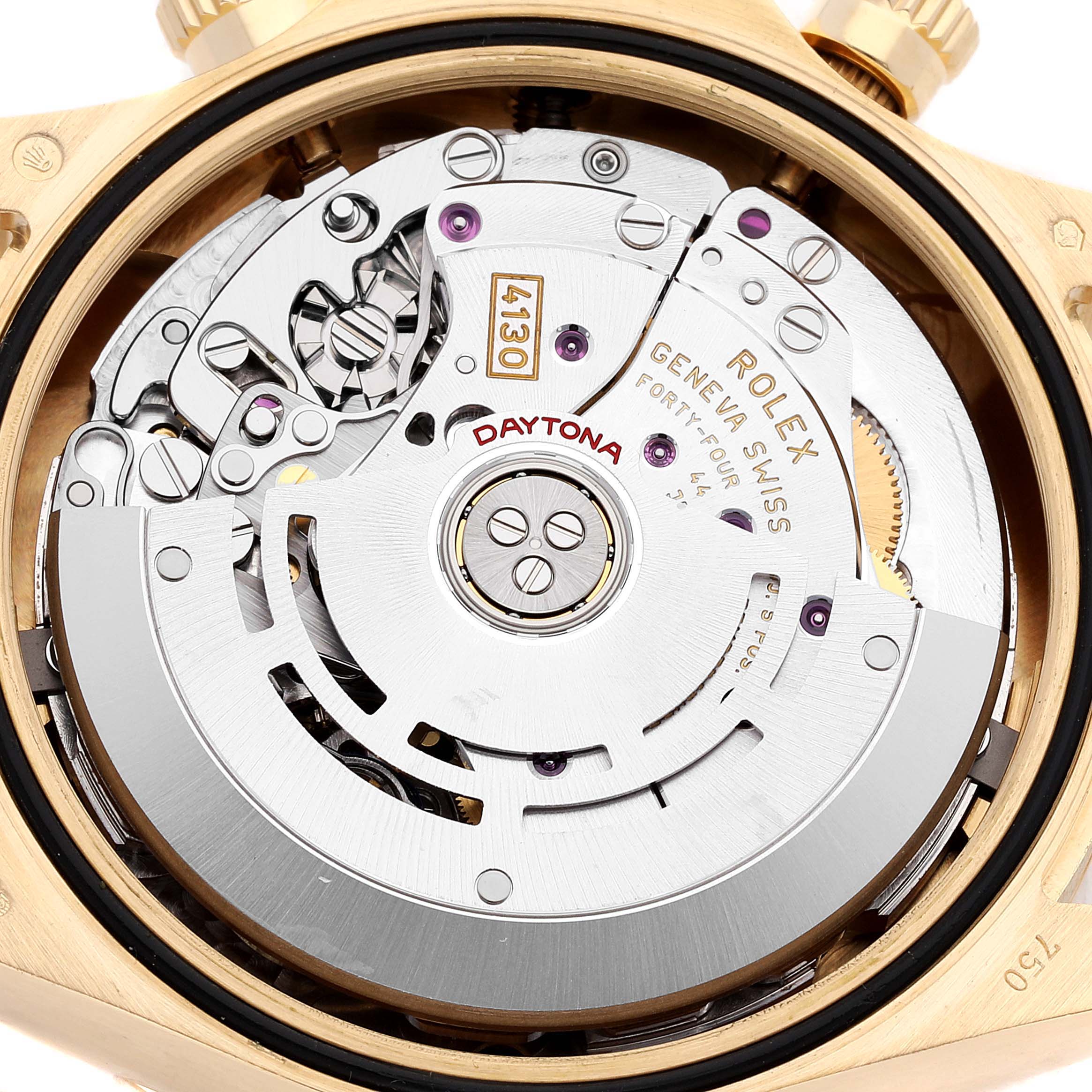 This image shows the intricate internal mechanism of a Rolex Daytona 116508 Men's Yellow Gold Black Dial 116508 Men's Yellow Gold Black Dial watch from a rear angle.