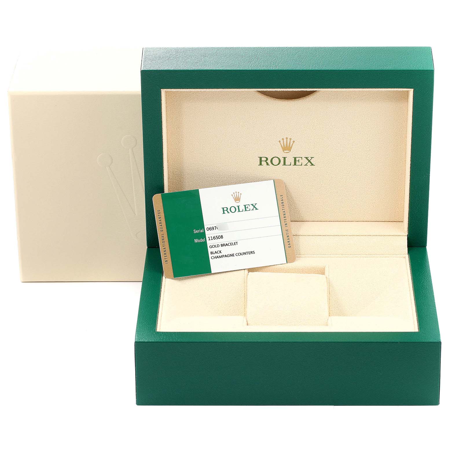 The image shows the packaging, manual card, and an empty display box for the Rolex Daytona 116508 Men's Yellow Gold Black Dial 116508 Men's Yellow Gold Black Dial model.