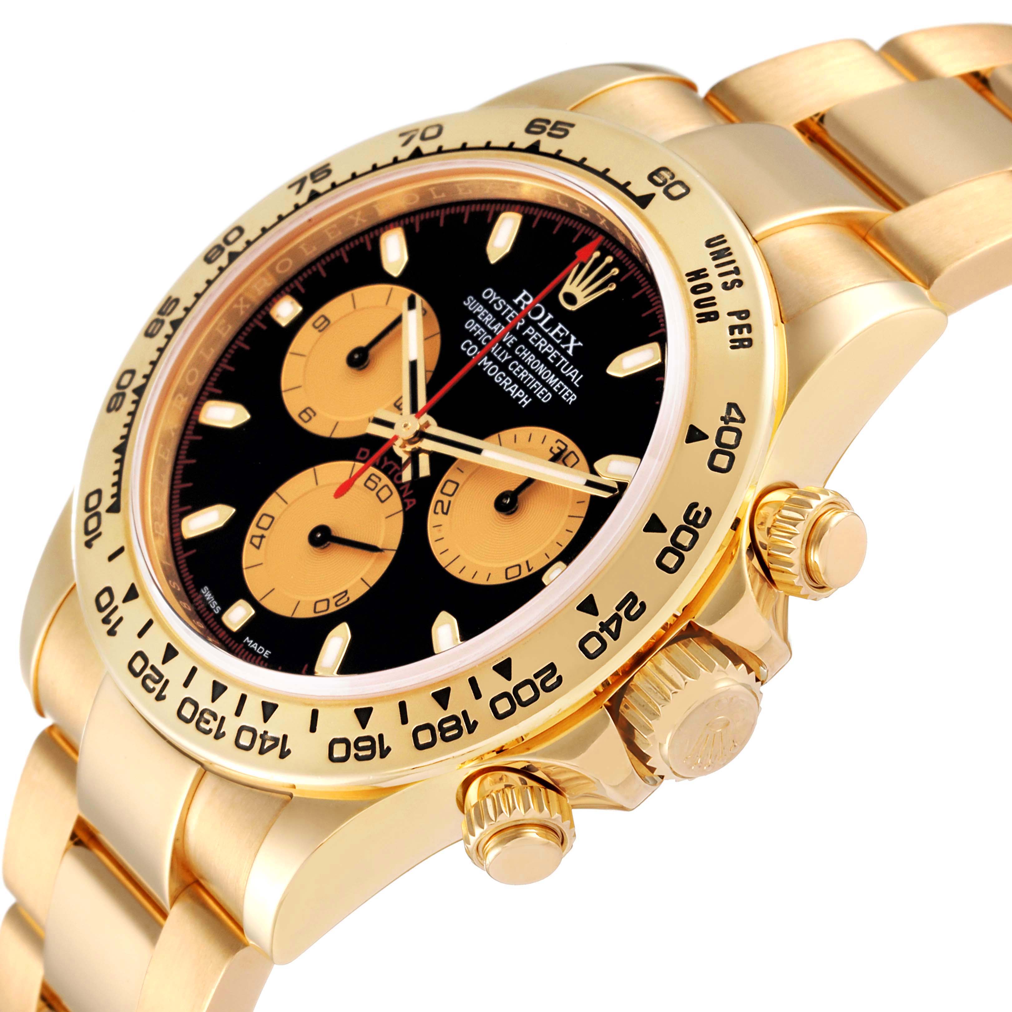 This image shows the Rolex Daytona 116508 Men's Yellow Gold Black Dial 116508 Men's Yellow Gold Black Dial watch at an angled close-up, highlighting the dial, bezel, buttons, and bracelet.
