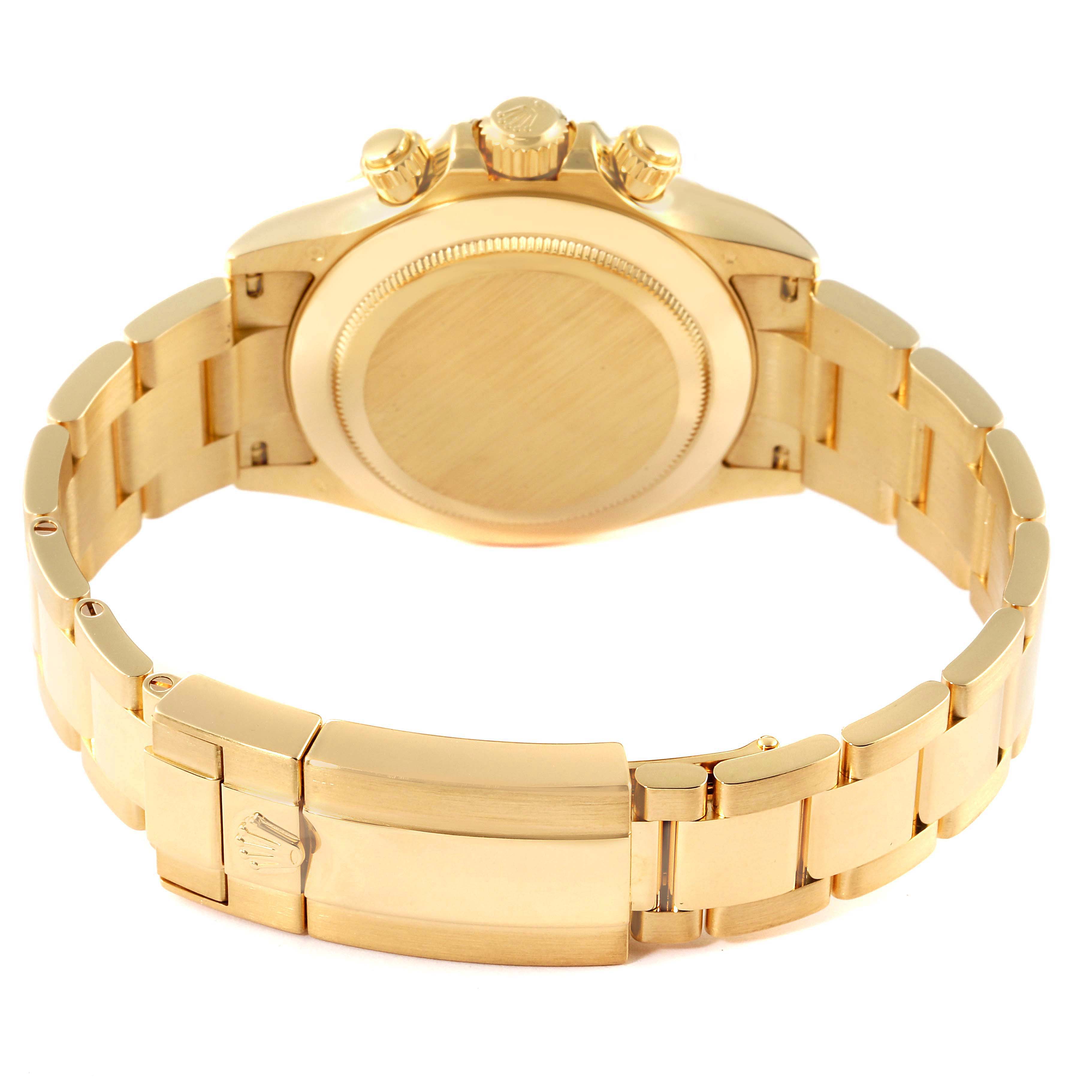 This image shows the back case and bracelet of a Rolex Daytona 116508 Men's Yellow Gold Black Dial 116508 Men's Yellow Gold Black Dial watch from a rear angle.