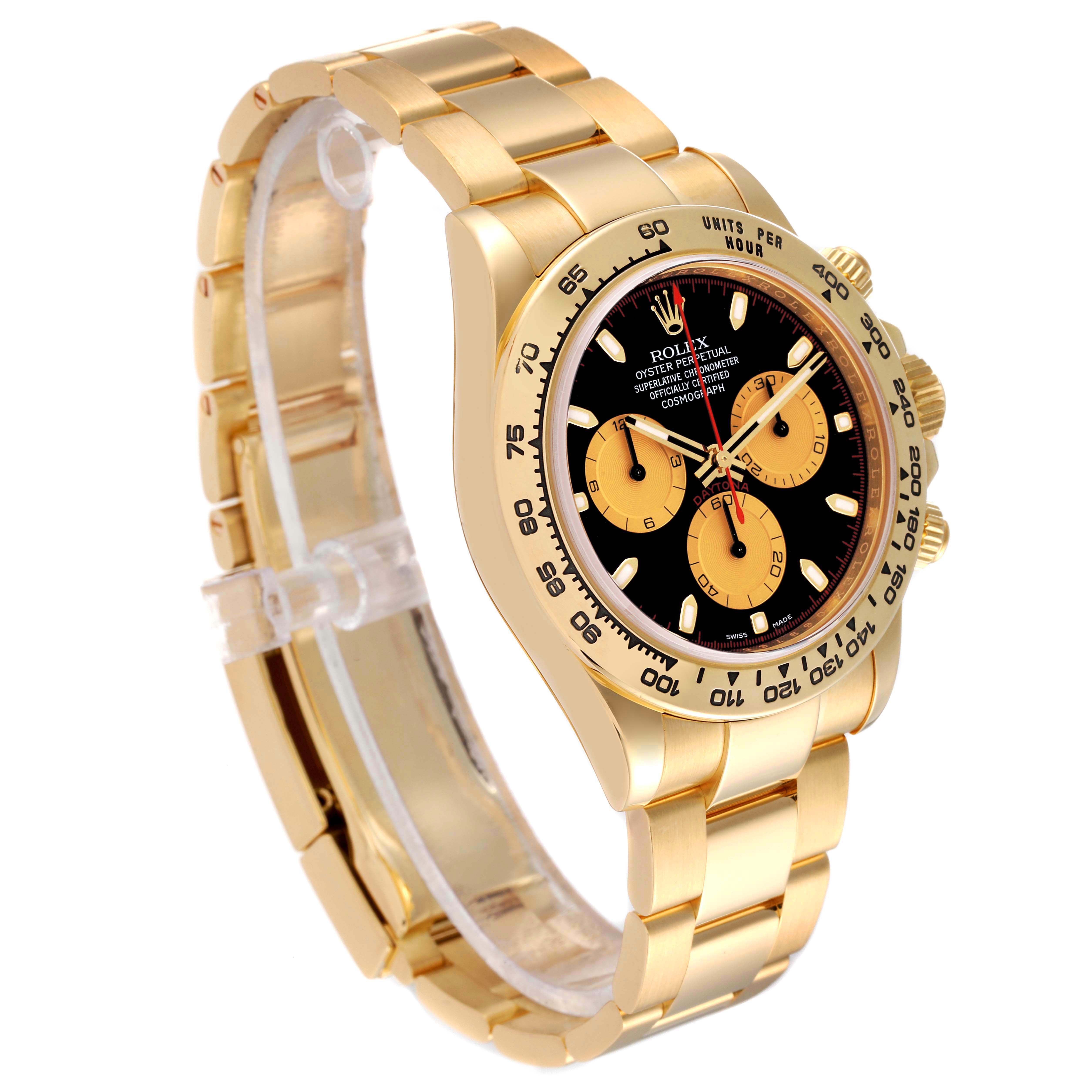 The image showcases a Rolex Daytona 116508 Men's Yellow Gold Black Dial 116508 Men's Yellow Gold Black Dial watch at a side angle, highlighting its gold bracelet, black dial, and gold subdials.