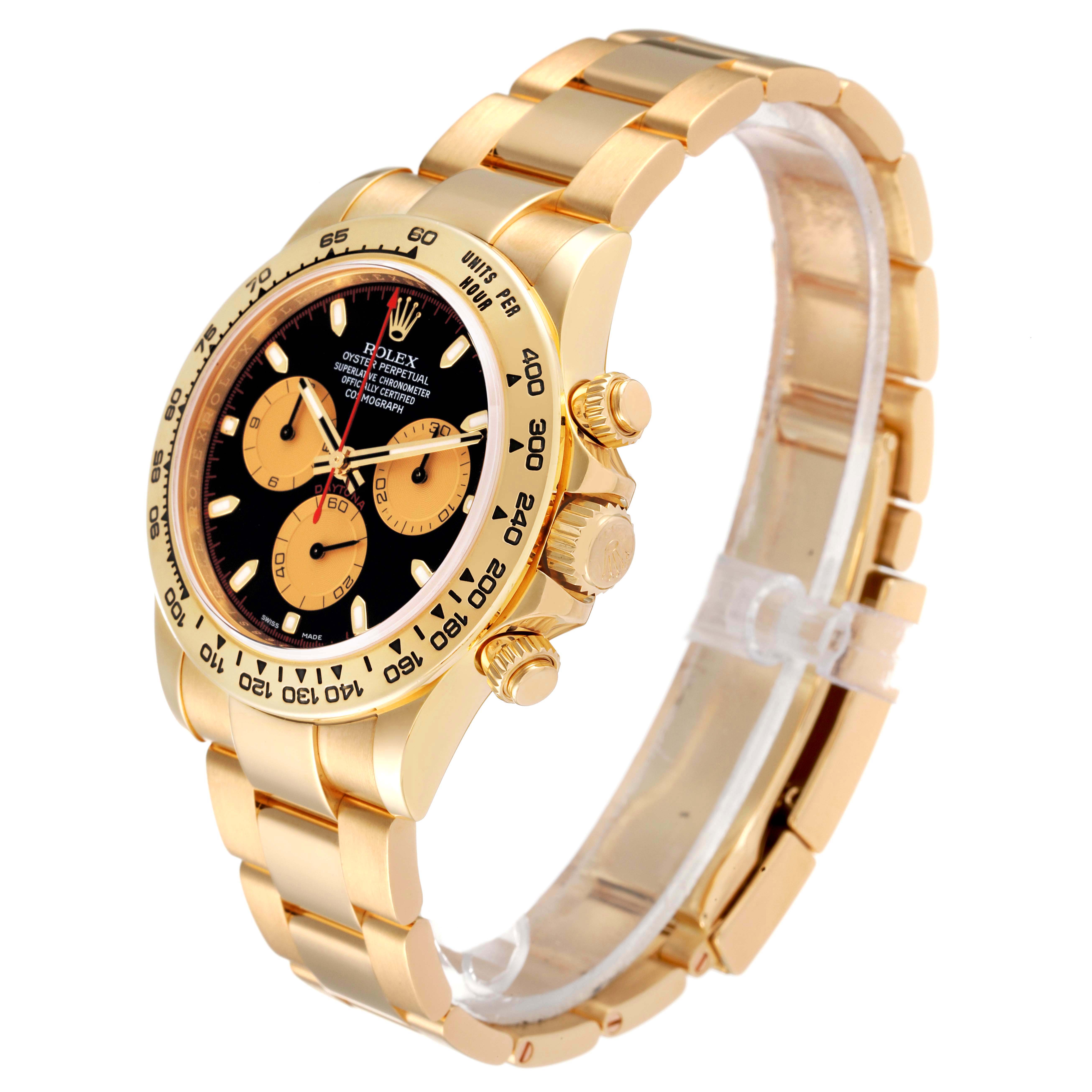 This image shows a side angle of the Rolex Daytona 116508 Men's Yellow Gold Black Dial 116508 Men's Yellow Gold Black Dial watch, highlighting its gold bracelet, bezel, and chronograph pushers.