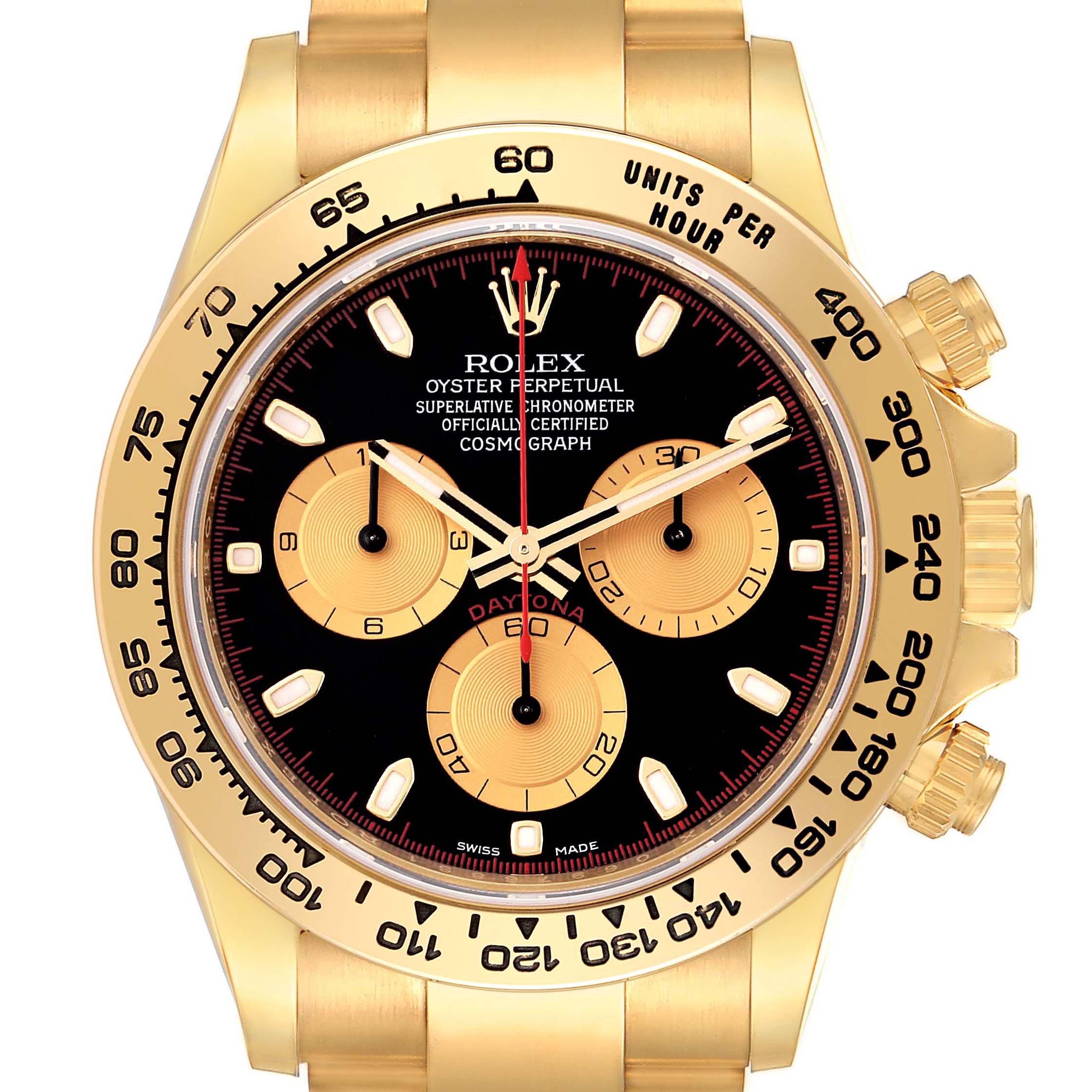 The image shows the front view of a Rolex Daytona 116508 Men's Yellow Gold Black Dial 116508 Men's Yellow Gold Black Dial watch, highlighting its dial, chronograph sub-dials, and bezel.