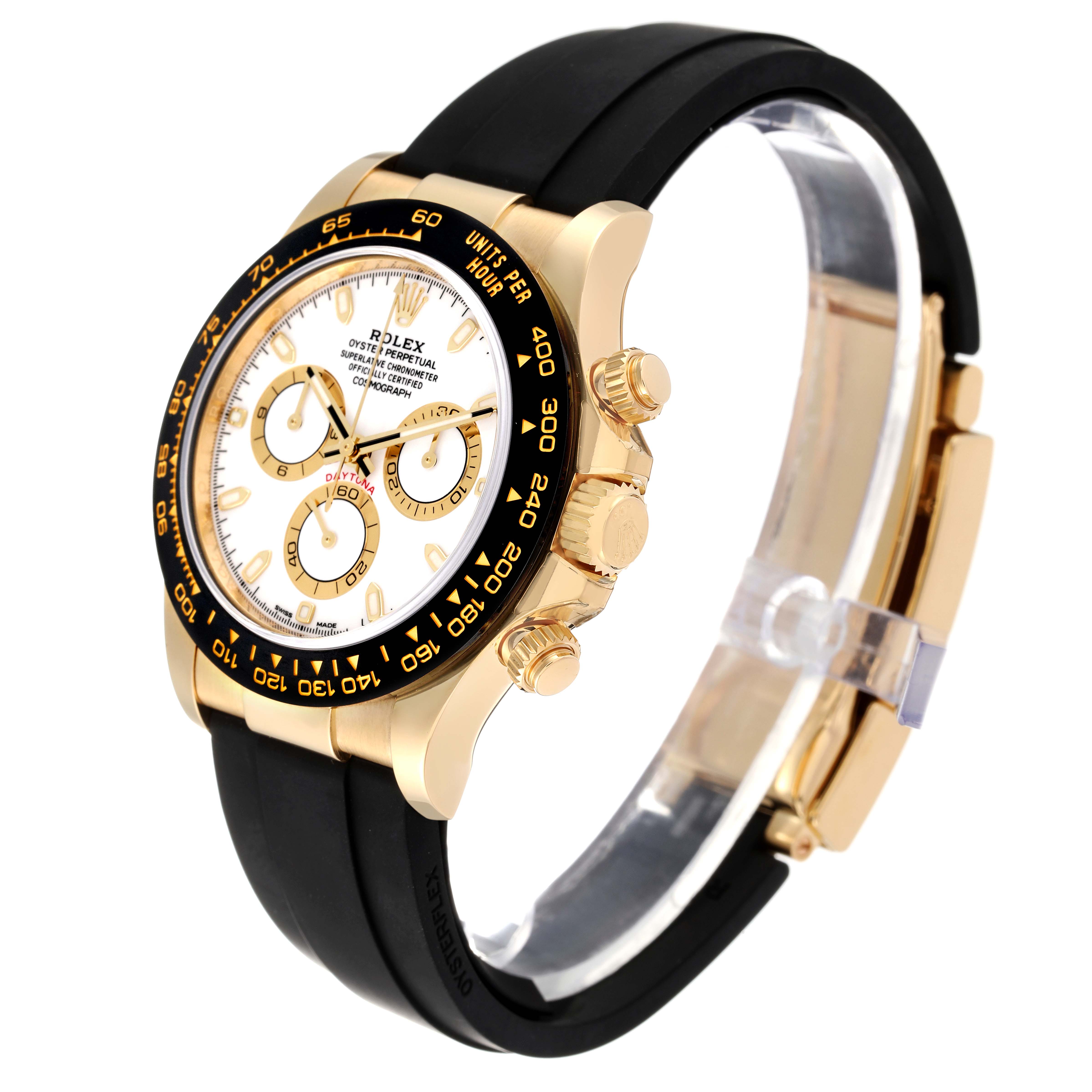 The Rolex Daytona 116518 Men's Yellow Gold White Dial 116518 Men's Yellow Gold White Dial watch is shown at a three-quarter angle, highlighting its black rubber strap, gold case, and chronograph dials.