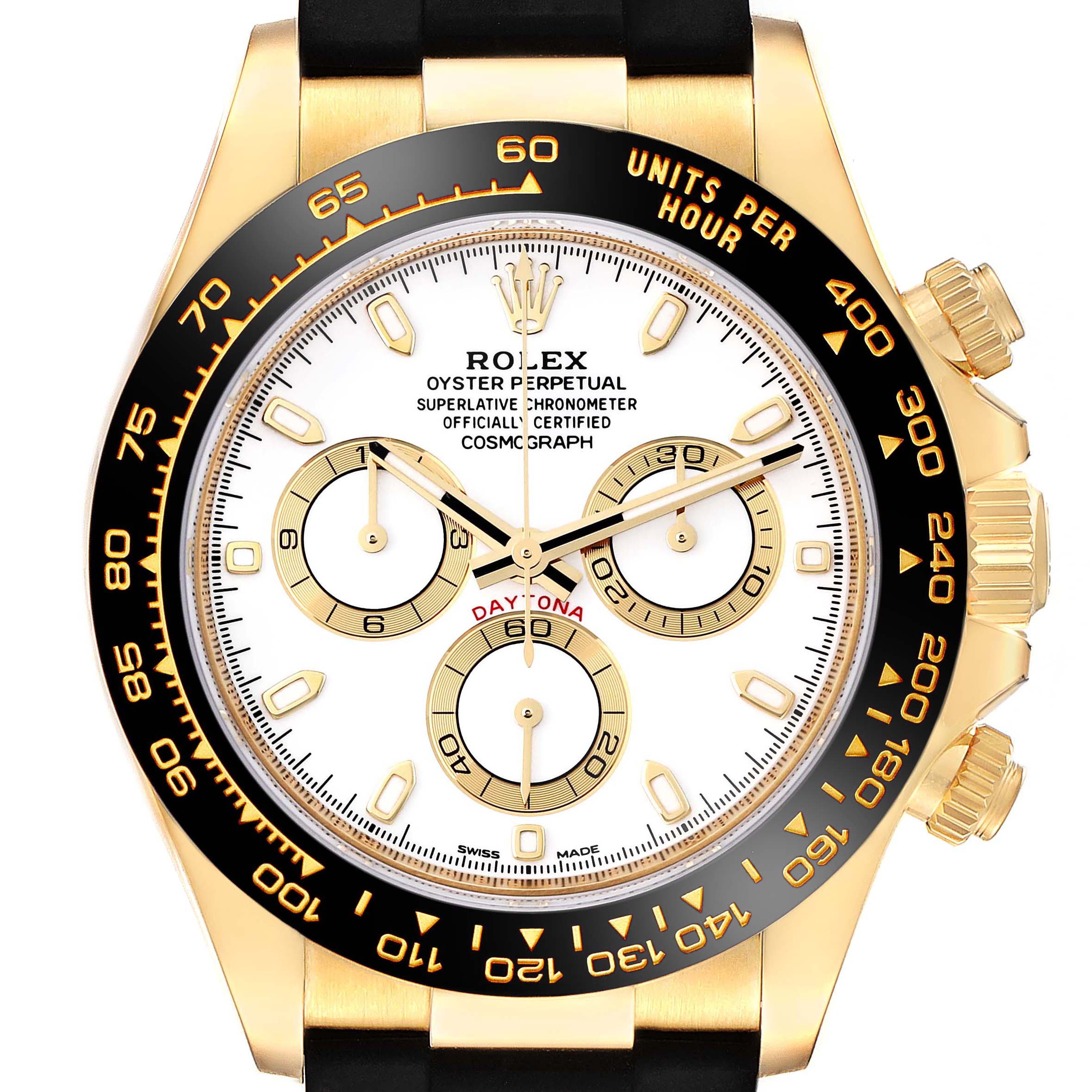This image shows a front view of the Rolex Daytona 116518 Men's Yellow Gold White Dial 116518 Men's Yellow Gold White Dial watch, highlighting its dial, bezel, and pushers.