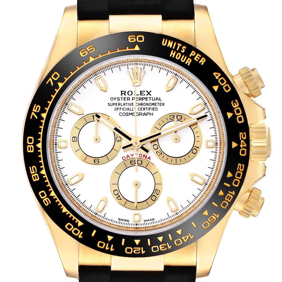 Rolex Daytona Yellow Gold Ceramic Bezel Rubber Strap Watch 116518 Box Card SwissWatchExpo