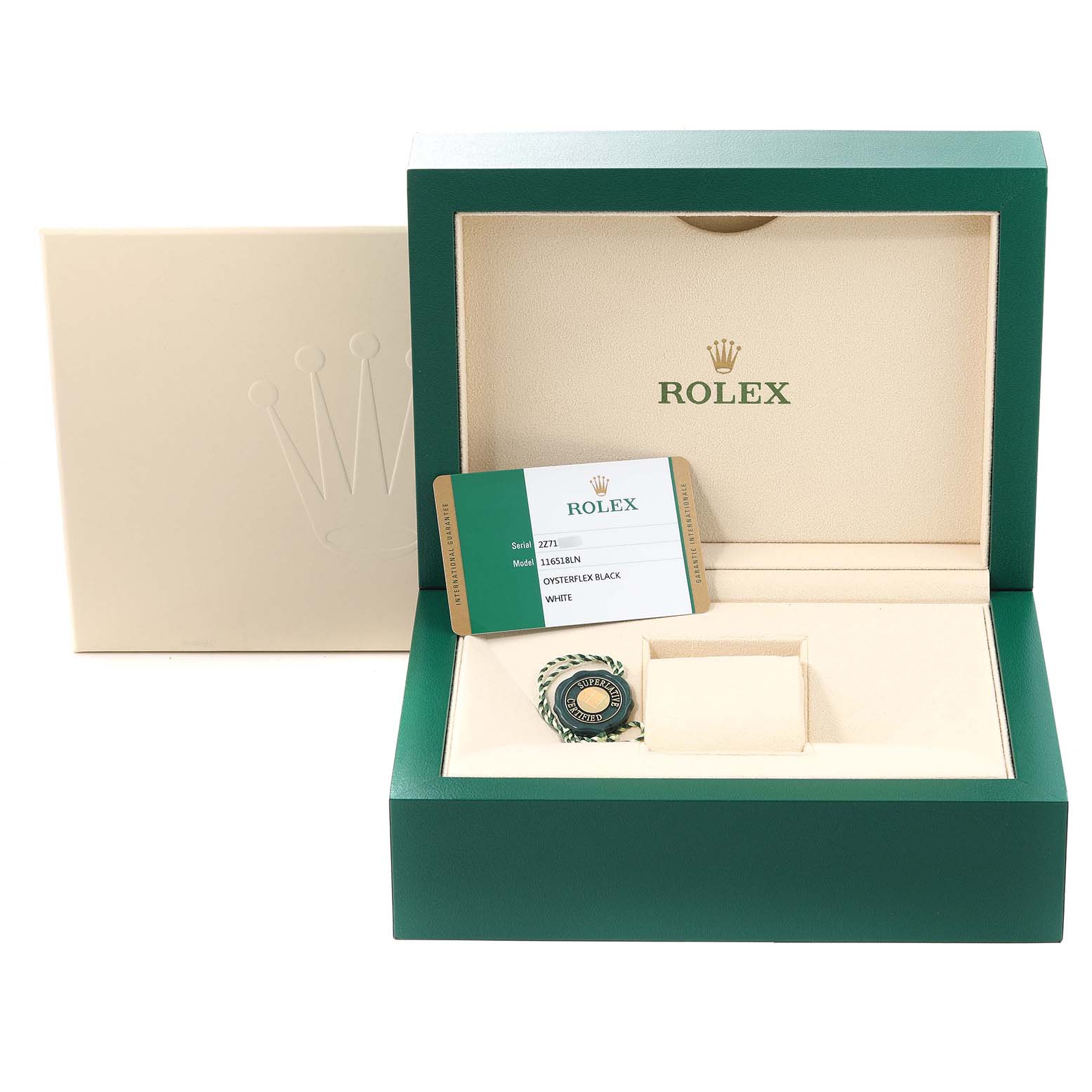 The image shows the open box and accessories of a Rolex Daytona 116518 Men's Yellow Gold White Dial 116518 Men's Yellow Gold White Dial watch, including an identification card and a tag.