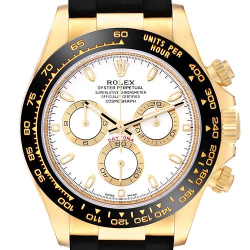 Photo of Rolex Daytona Yellow Gold Ceramic Bezel Rubber Strap Watch 116518 Box Card