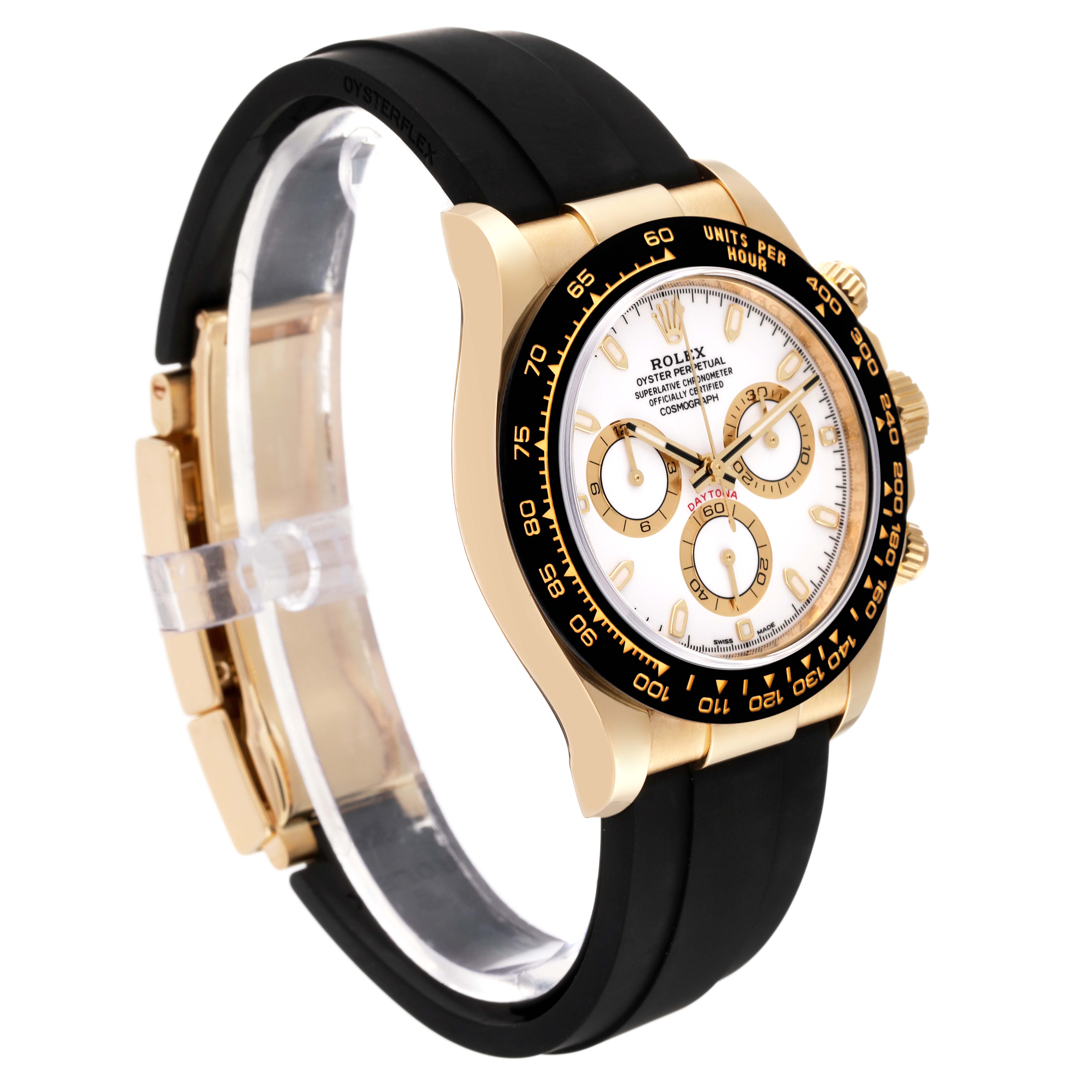 The Rolex Daytona 116518 Men's Yellow Gold White Dial 116518 Men's Yellow Gold White Dial watch is shown at a side angle, highlighting its black bezel, white dial, subdials, and black rubber strap.