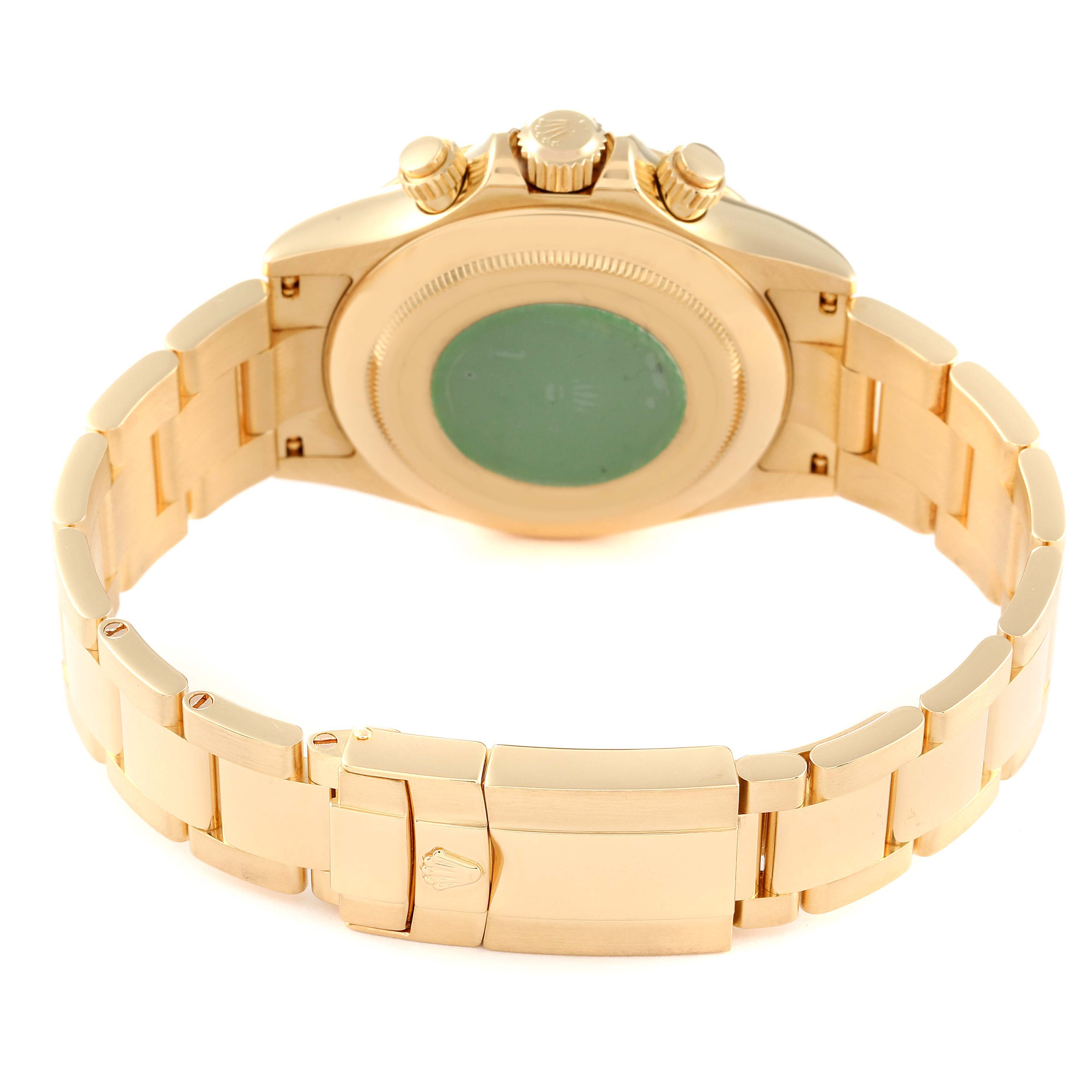 This image shows the back and bracelet of a Rolex Daytona 116528 Men's Yellow Gold Champagne Dial 116528 Men's Yellow Gold Champagne Dial watch, highlighting the clasp and caseback.