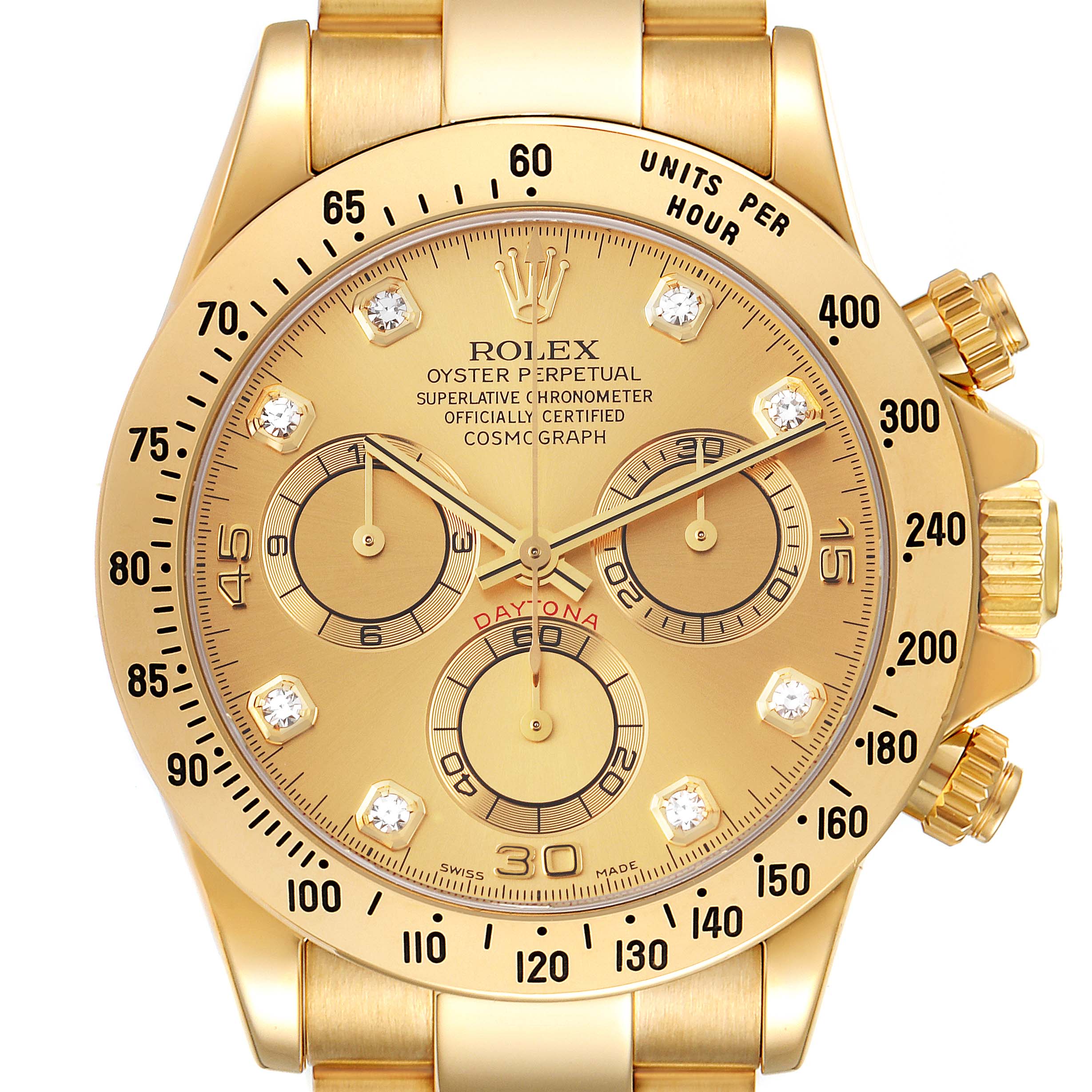 The image is a close-up of the Rolex Daytona 116528 Men's Yellow Gold Champagne Dial 116528 Men's Yellow Gold Champagne Dial watch, showing the dial, bezel, and side buttons.