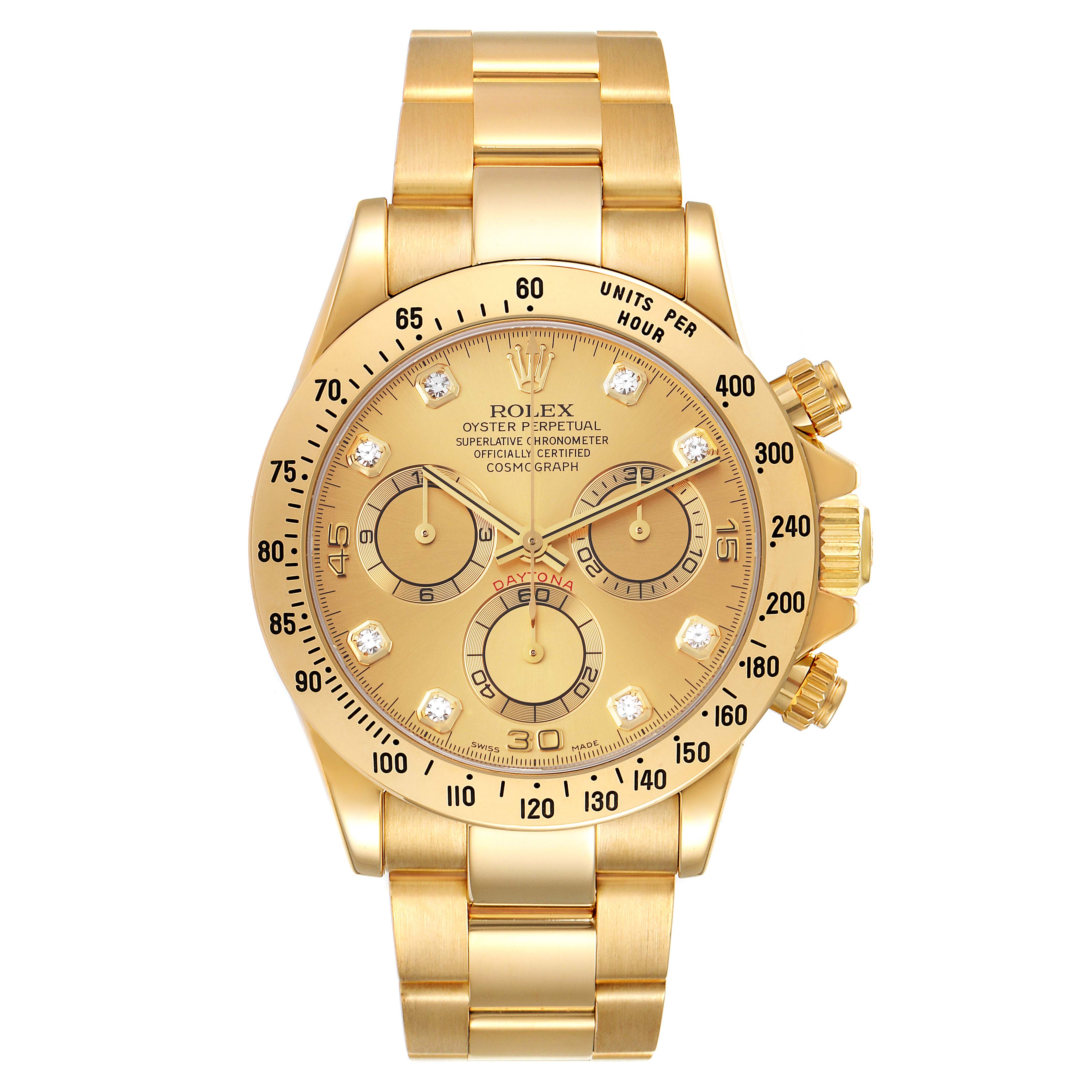 The image shows a front view of a Rolex Daytona 116528 Men's Yellow Gold Champagne Dial 116528 Men's Yellow Gold Champagne Dial watch in gold, displaying its dial, subdials, and bracelet.