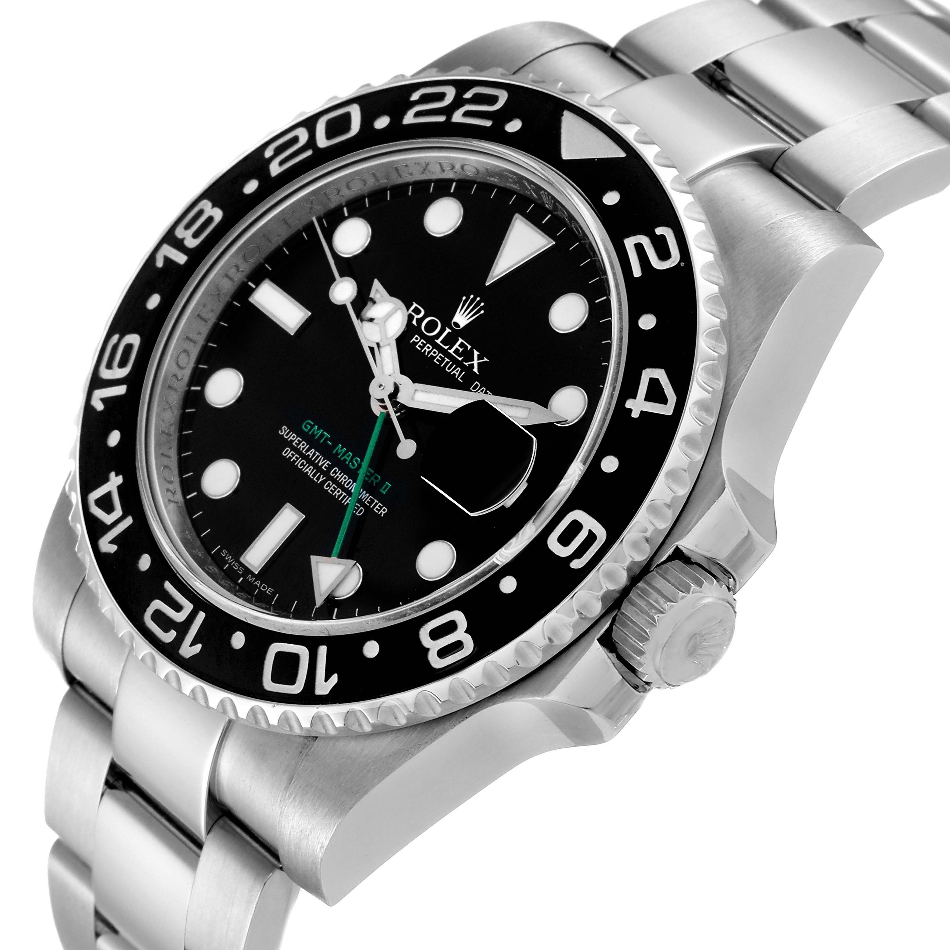 The image shows a close-up, angled view of the Rolex GMT-Master 116710 Men
s Stainless Steel Black Dial 116710 Men
s Stainless Steel Black Dial watch, highlighting the bezel, dial, and bracelet.