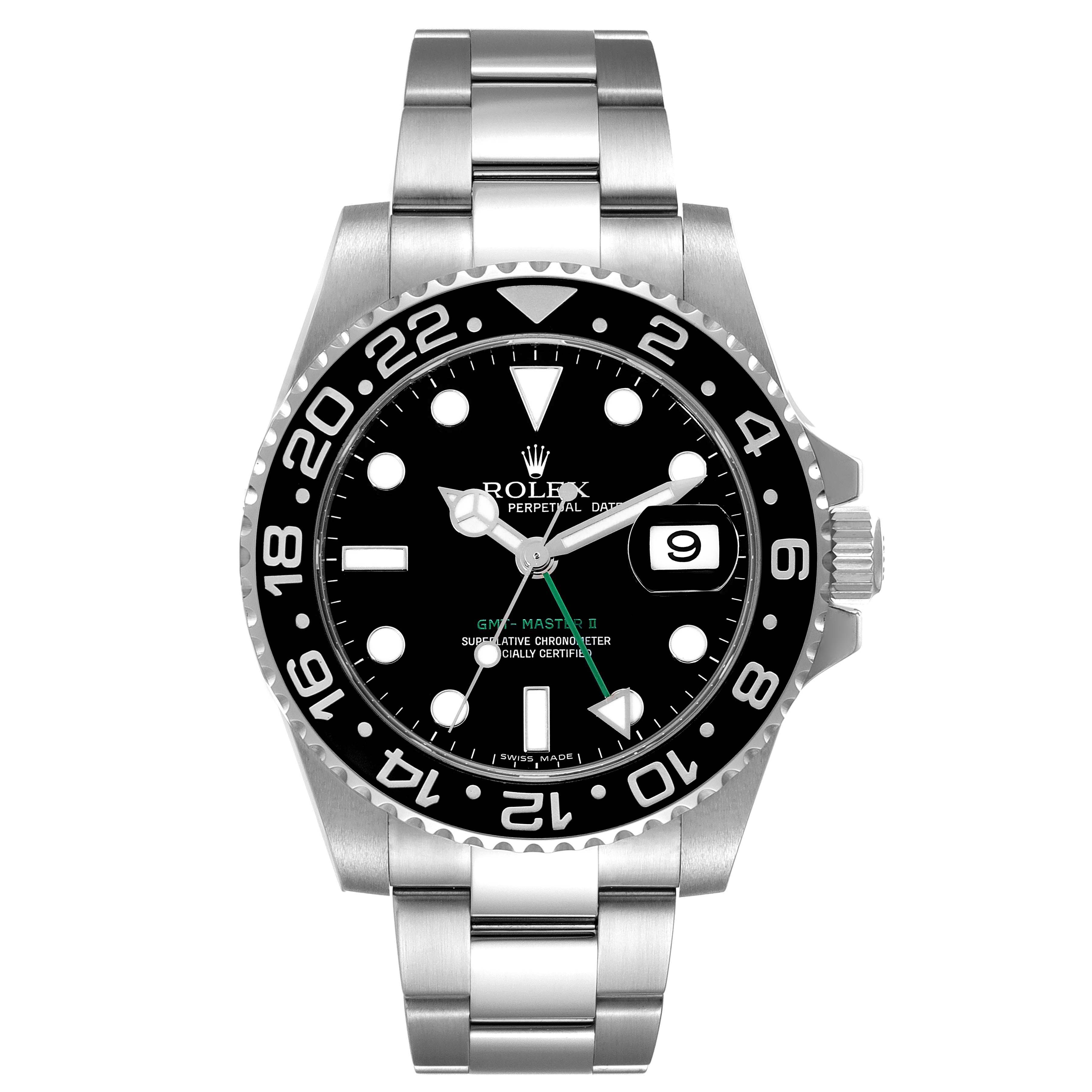The image shows a front view of the Rolex GMT-Master 116710 Men
s Stainless Steel Black Dial 116710 Men
s Stainless Steel Black Dial II watch, highlighting the face, bezel, and a part of the bracelet.