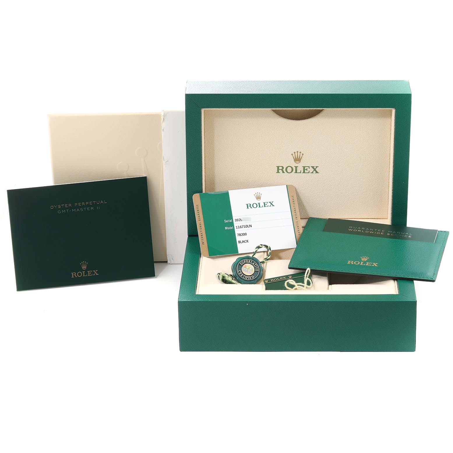 The image shows the packaging, booklet, warranty card, hang tags, and accessories for a Rolex GMT-Master 116710 Men
s Stainless Steel Black Dial 116710 Men
s Stainless Steel Black Dial watch.