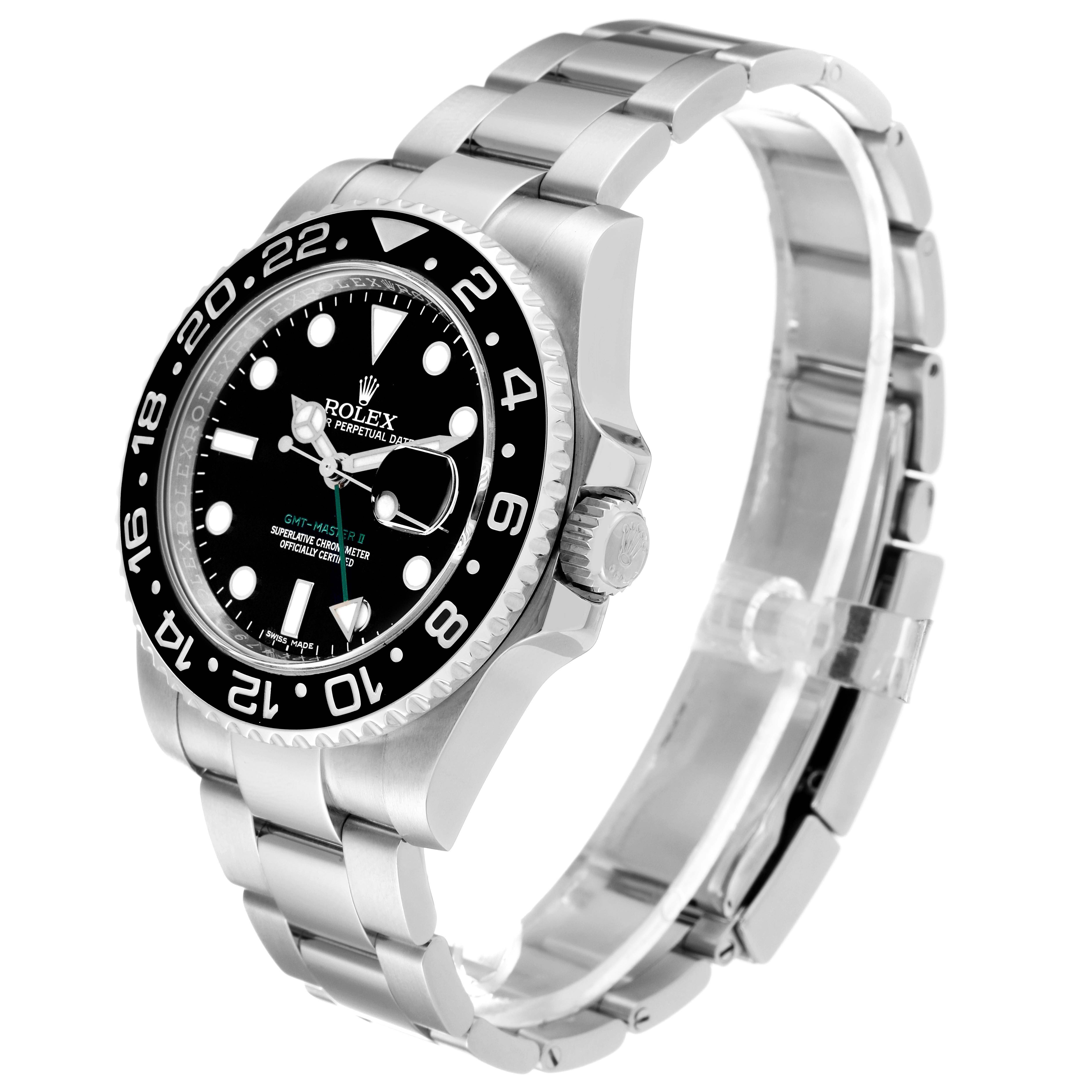 This image shows a side view of the Rolex GMT-Master 116710 Men
s Stainless Steel Black Dial 116710 Men
s Stainless Steel Black Dial watch, highlighting its bezel, dial, and stainless steel bracelet.