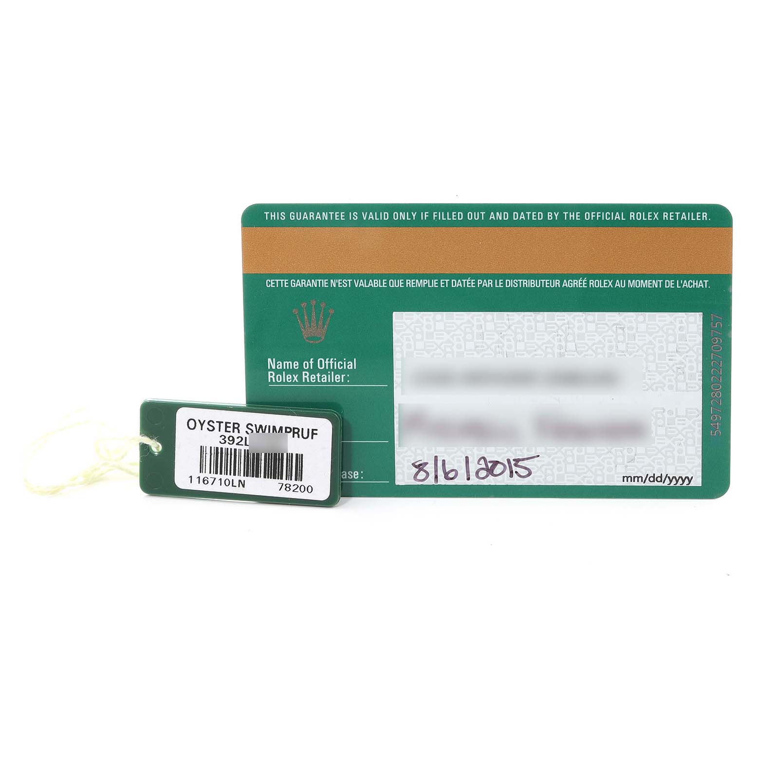 This image shows the warranty card and the "Oyster Swimpruf" tag for a Rolex GMT-Master 116710 Men
s Stainless Steel Black Dial 116710 Men
s Stainless Steel Black Dial watch.