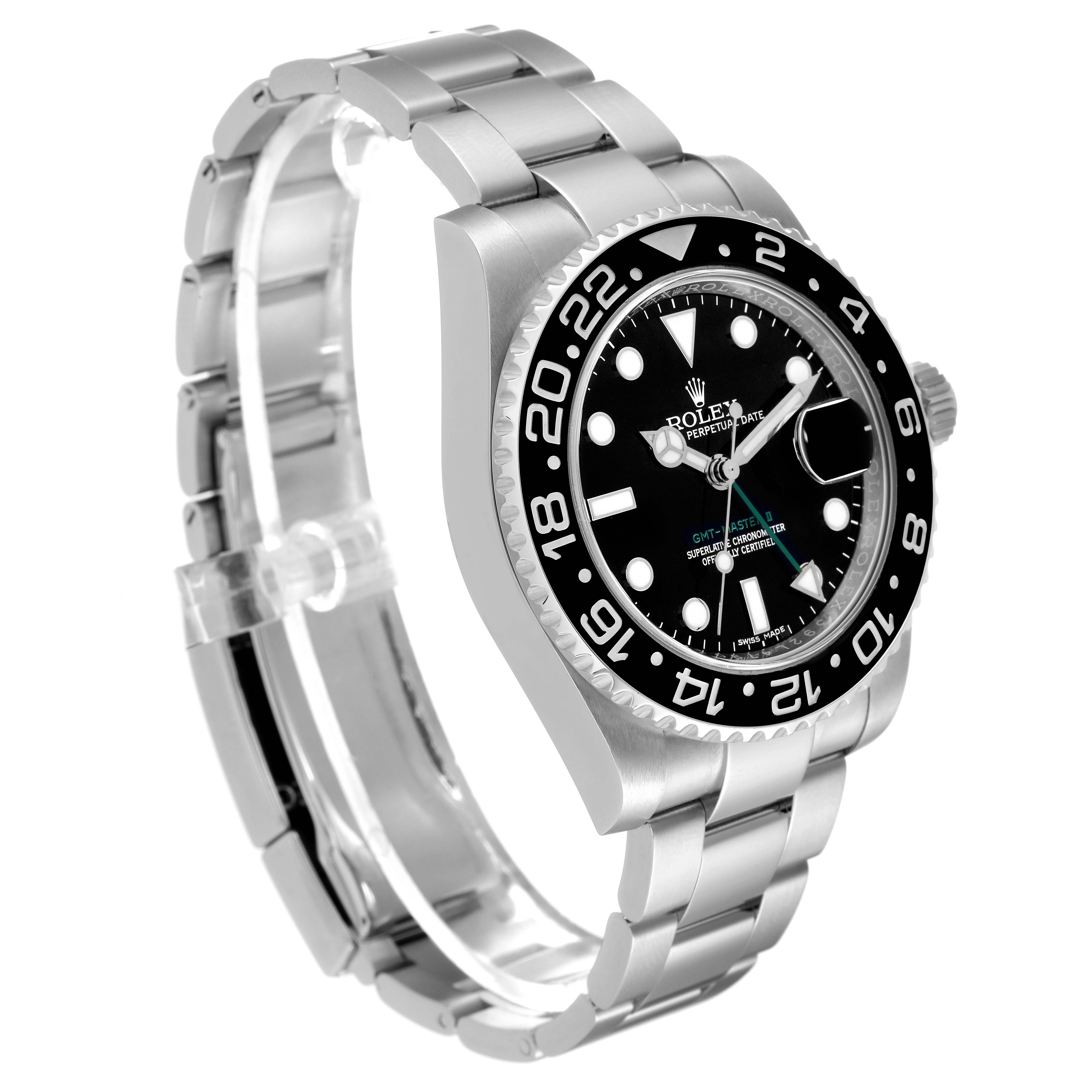 The image shows a Rolex GMT-Master 116710 Men
s Stainless Steel Black Dial 116710 Men
s Stainless Steel Black Dial watch from a front-left angle, highlighting the bezel, dial, and bracelet.