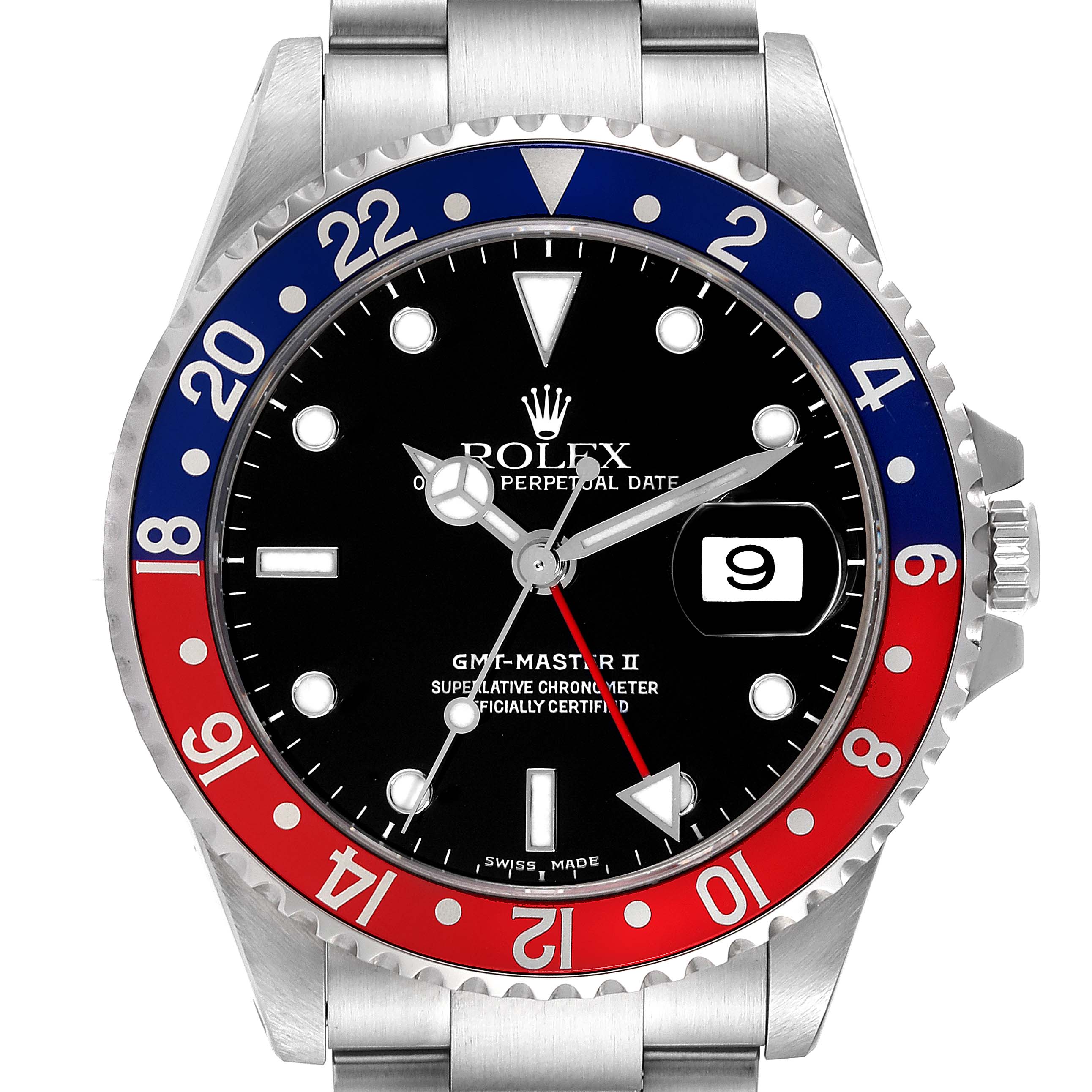 The image shows a front view of the Rolex GMT-Master 16710 Men
s Stainless Steel Black Dial 16710 Men
s Stainless Steel Black Dial II with a black dial, red and blue bezel, and stainless steel bracelet.