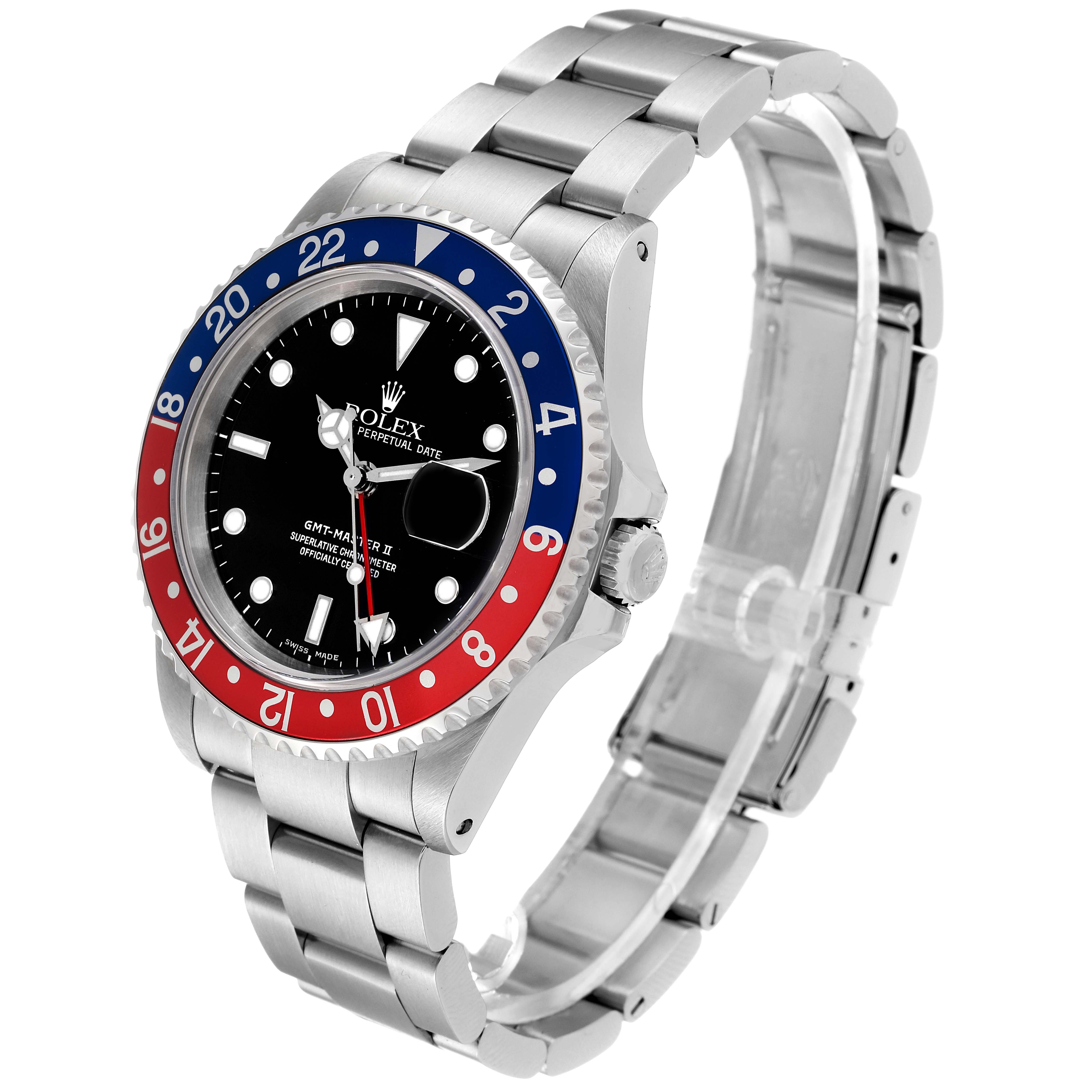 The image shows a Rolex GMT-Master 16710 Men
s Stainless Steel Black Dial 16710 Men
s Stainless Steel Black Dial watch at a three-quarter angle displaying the face, bezel, crown, and bracelet.